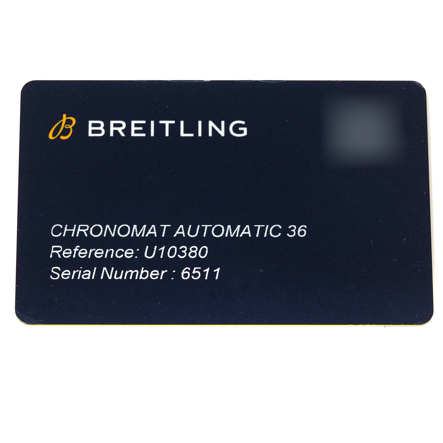 This image shows the serial number card for the Breitling U10380 Women's Steel and Gold (two tone) White Dial U10380 Women's Steel and Gold (two tone) White Dial Chronomat 36 Diamond Dial Steel Rose Gold Ladies Watch, model U10380.
