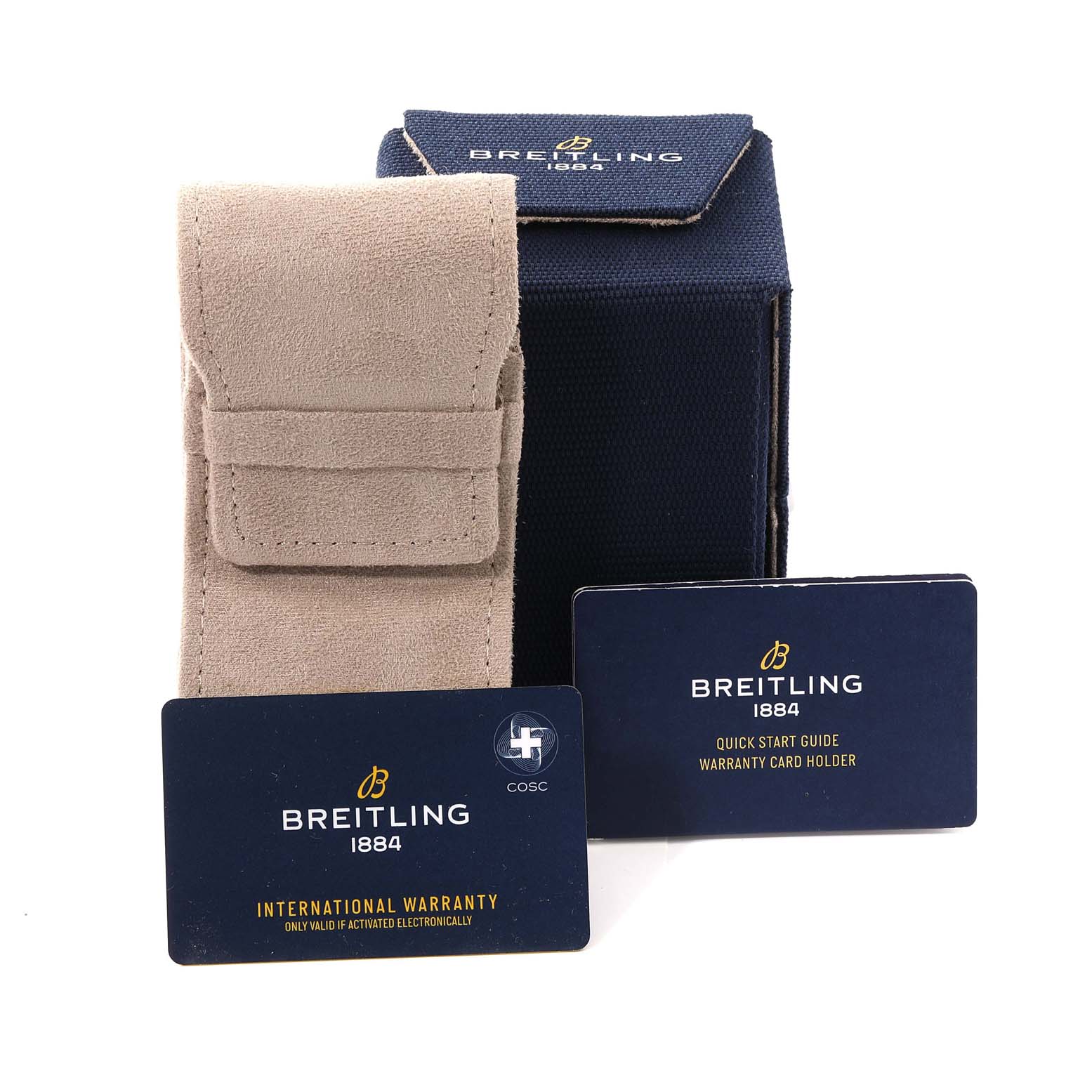This image shows the packaging, international warranty card, and quick start guide for the Breitling U10380 Women's Steel and Gold (two tone) White Dial U10380 Women's Steel and Gold (two tone) White Dial Chronomat 36 Diamond Dial Steel Rose Gold Ladies Watch U10380.