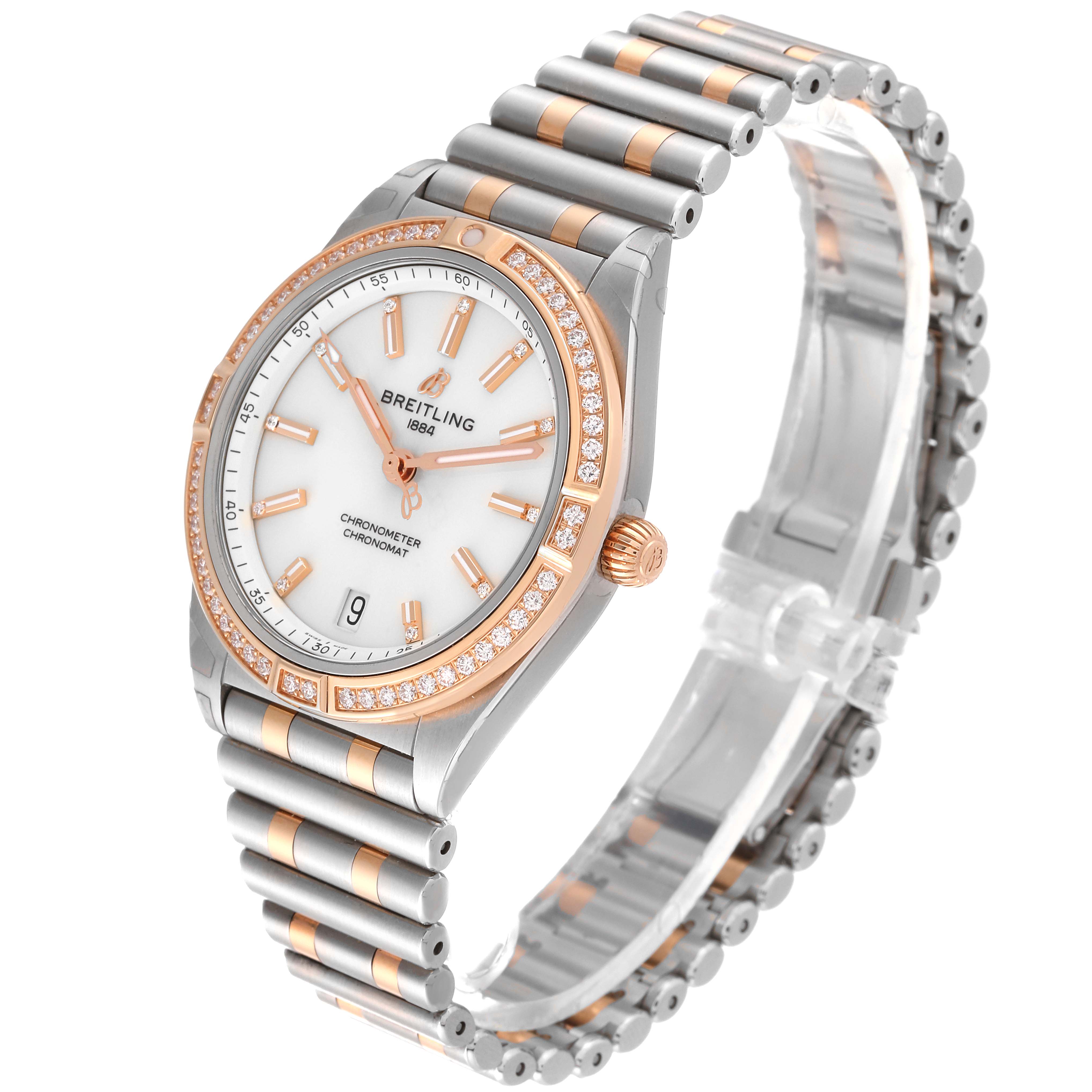 The image shows a Breitling U10380 Women's Steel and Gold (two tone) White Dial U10380 Women's Steel and Gold (two tone) White Dial Chronomat 36 Diamond Dial Steel Rose Gold Ladies Watch U10380 from a slight right side angle, highlighting the face, bezel, and bracelet.