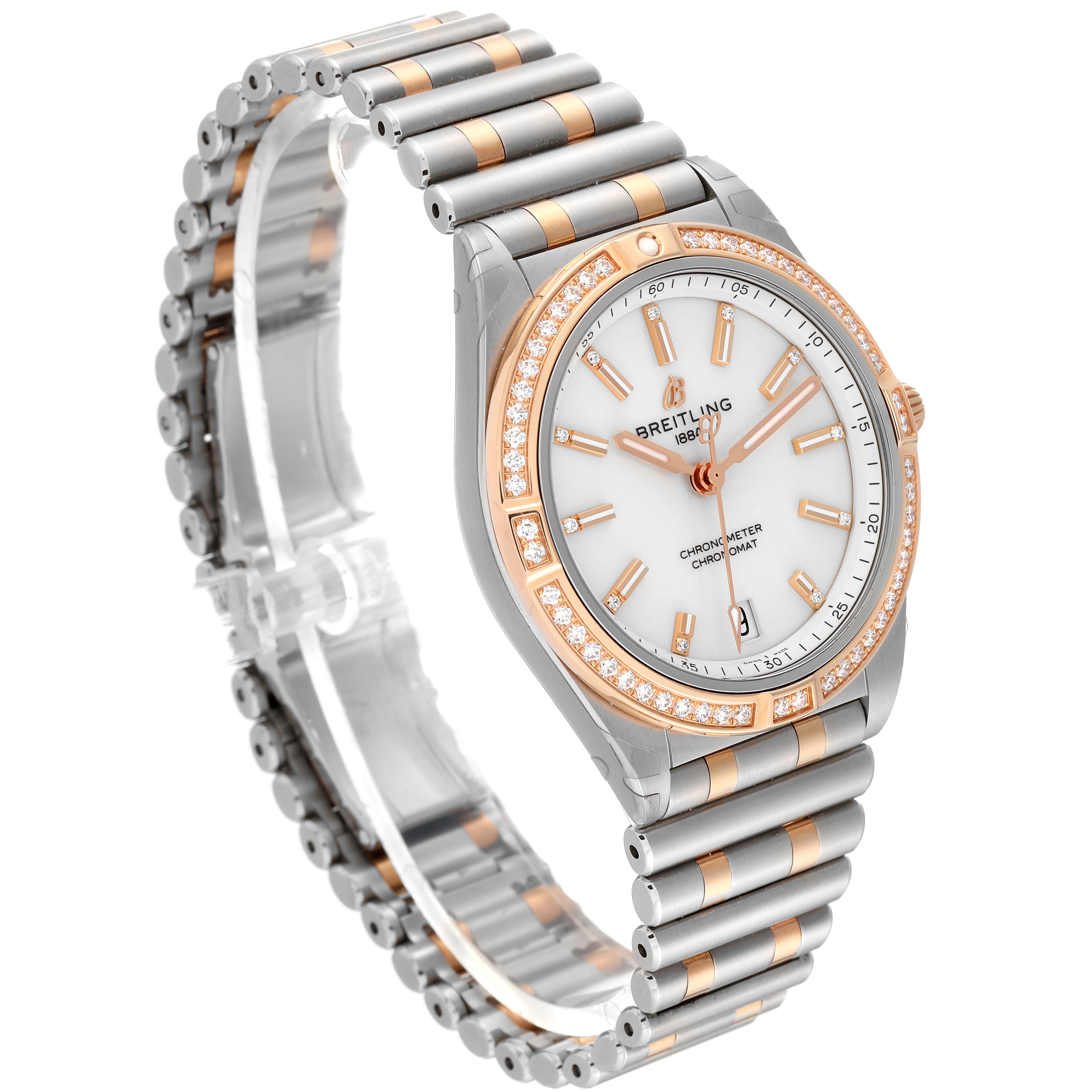 The Breitling U10380 Women's Steel and Gold (two tone) White Dial U10380 Women's Steel and Gold (two tone) White Dial Chronomat 36 Diamond Dial Steel Rose Gold Ladies Watch U10380 is shown at a three-quarters angle, displaying the face and band.