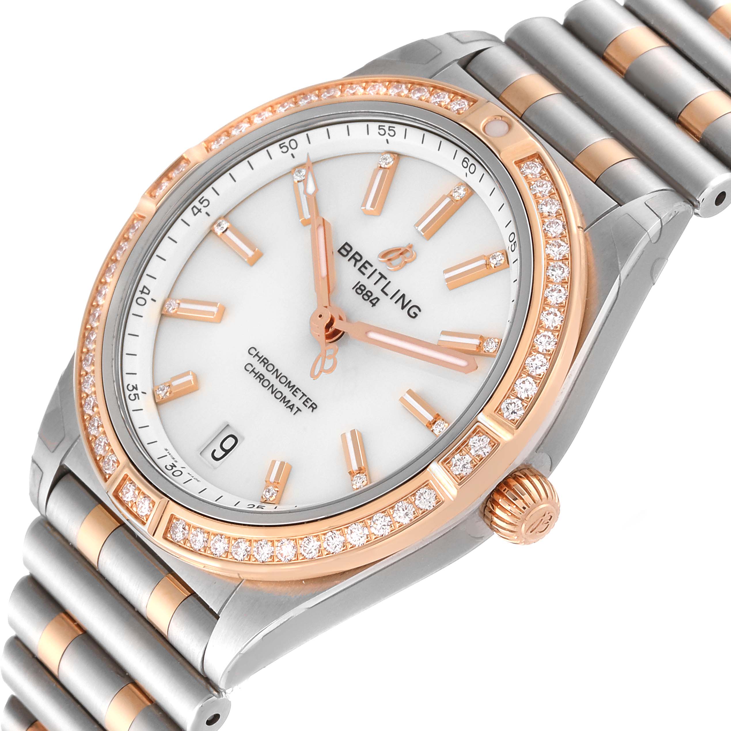 The image shows a close-up angle of the Breitling U10380 Women's Steel and Gold (two tone) White Dial U10380 Women's Steel and Gold (two tone) White Dial Chronomat 36 Diamond Dial Steel Rose Gold Ladies Watch U10380, highlighting its dial, bezel, and part of the bracelet.