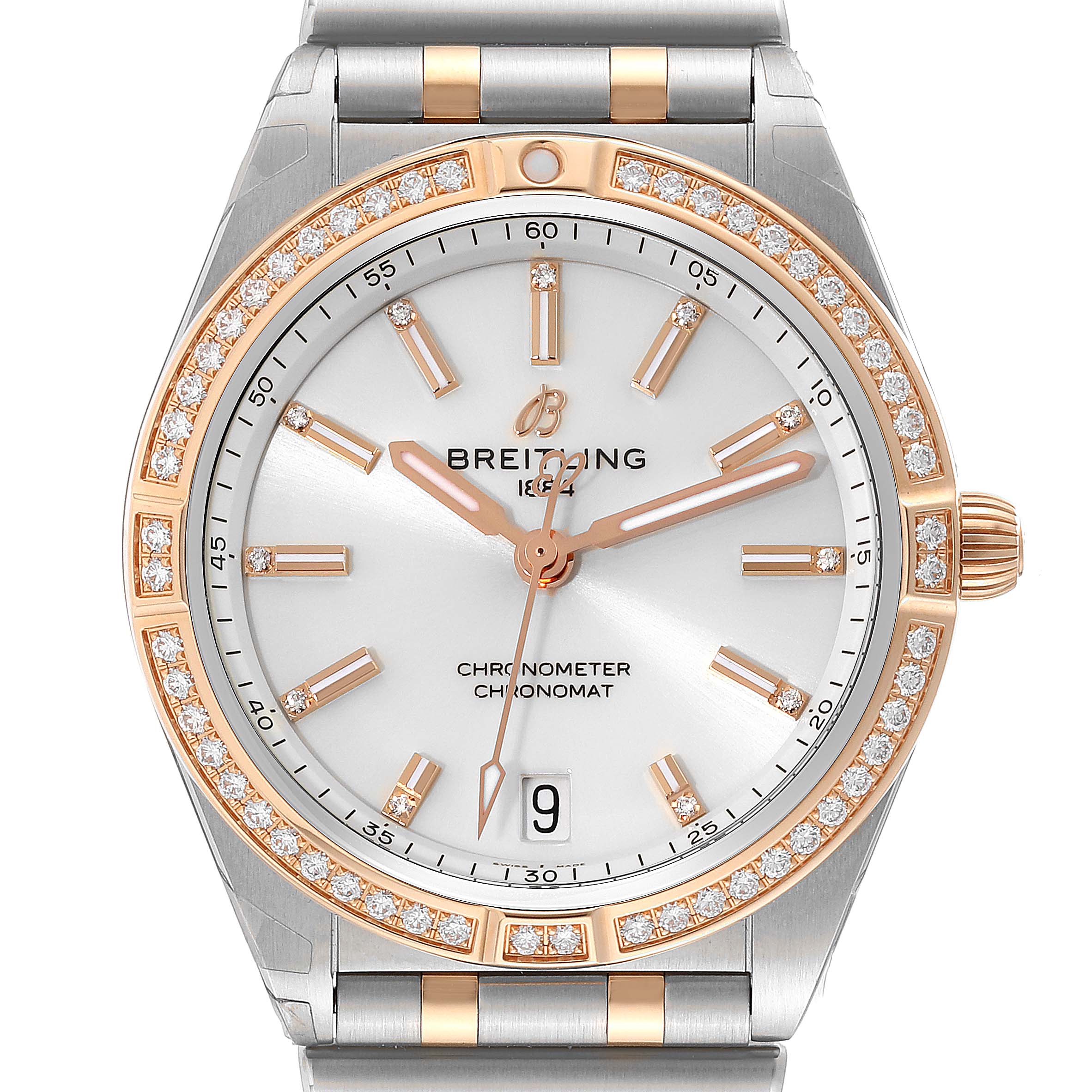 The image shows a front view of the Breitling U10380 Women's Steel and Gold (two tone) White Dial U10380 Women's Steel and Gold (two tone) White Dial Chronomat 36 Diamond Dial Steel Rose Gold Ladies Watch U10380 model, highlighting the dial and bezel.