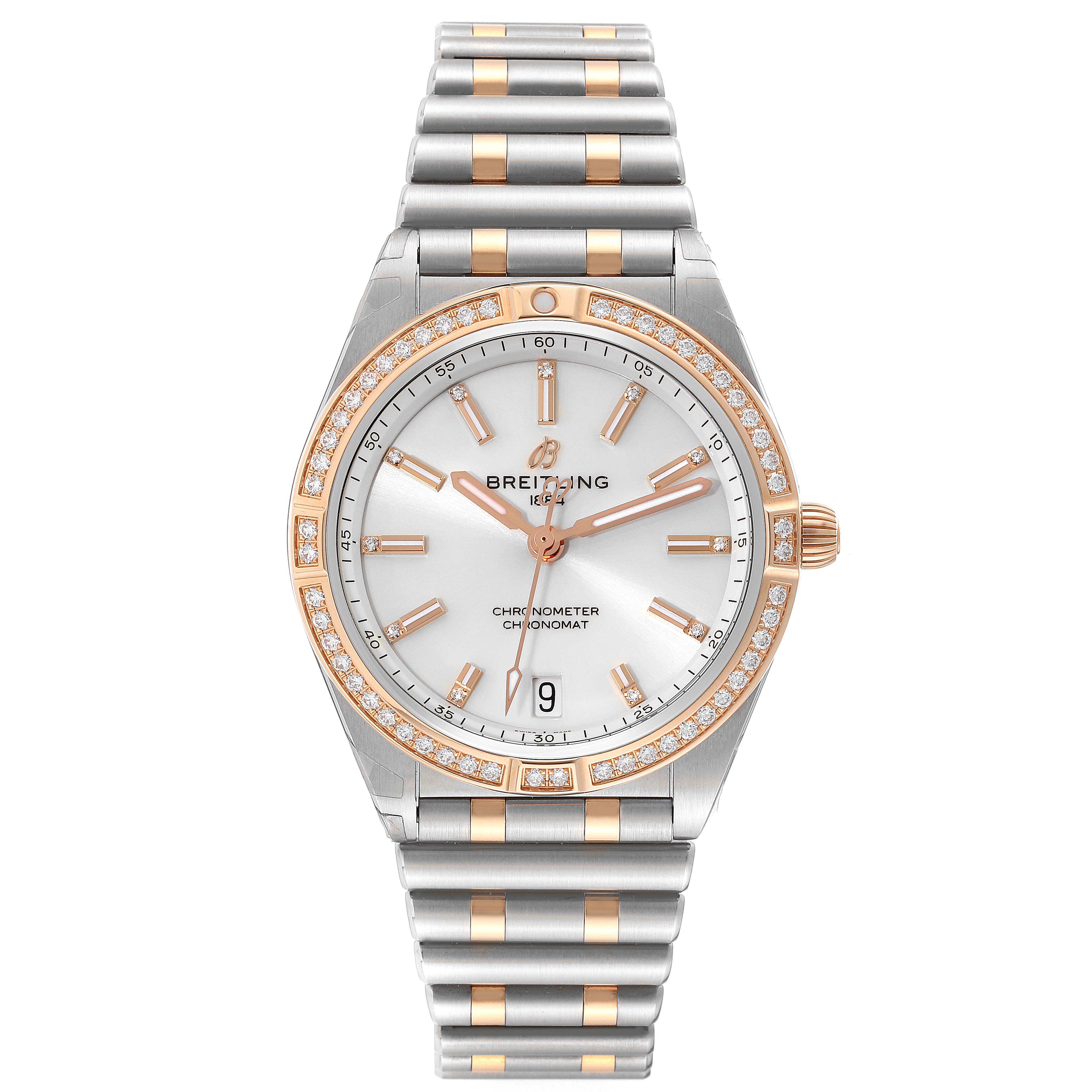 The Breitling U10380 Women's Steel and Gold (two tone) White Dial U10380 Women's Steel and Gold (two tone) White Dial Chronomat 36 Diamond Dial Steel Rose Gold Ladies Watch U10380 is shown from a front angle, displaying the dial, bezel, and bracelet.