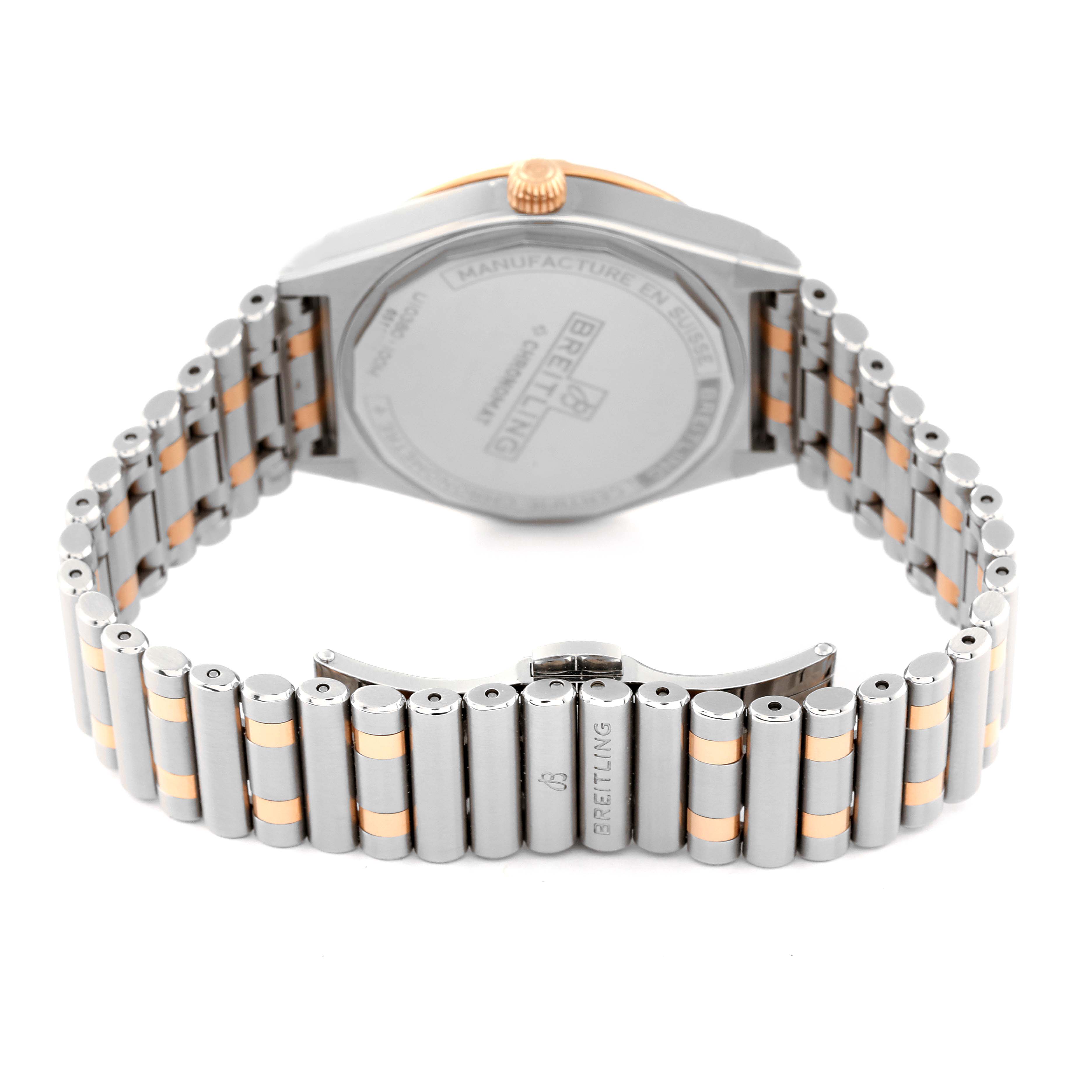 The image shows the back and bracelet of the Breitling U10380 Women's Steel and Gold (two tone) White Dial U10380 Women's Steel and Gold (two tone) White Dial Chronomat 36 Diamond Dial Steel Rose Gold Ladies Watch model U10380.
