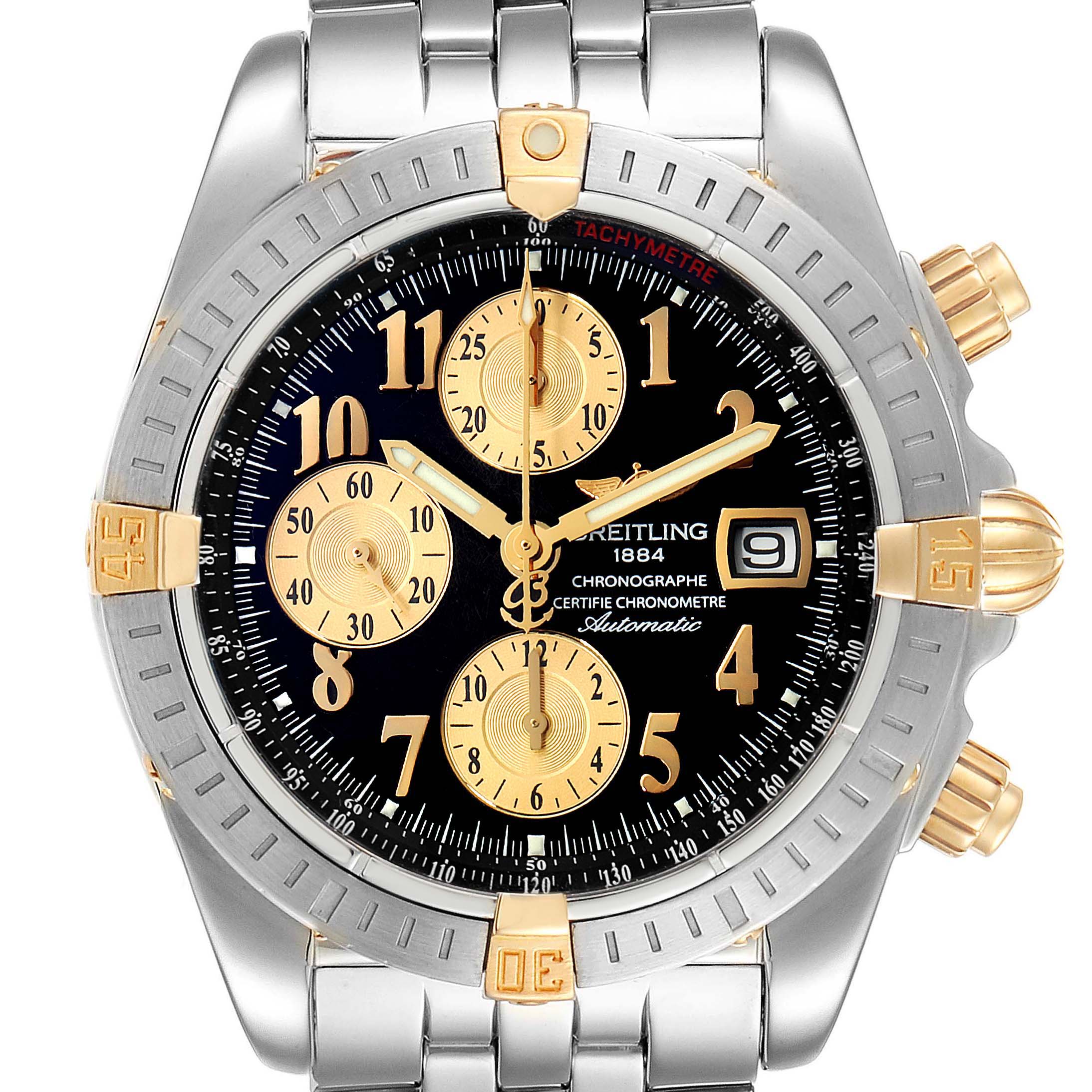 This image shows a front view of the Breitling Chronomat B13356 Men
s Stainless Steel Black Dial B13356 Men
s Stainless Steel Black Dial watch, displaying the dial, bezel, and part of the bracelet.