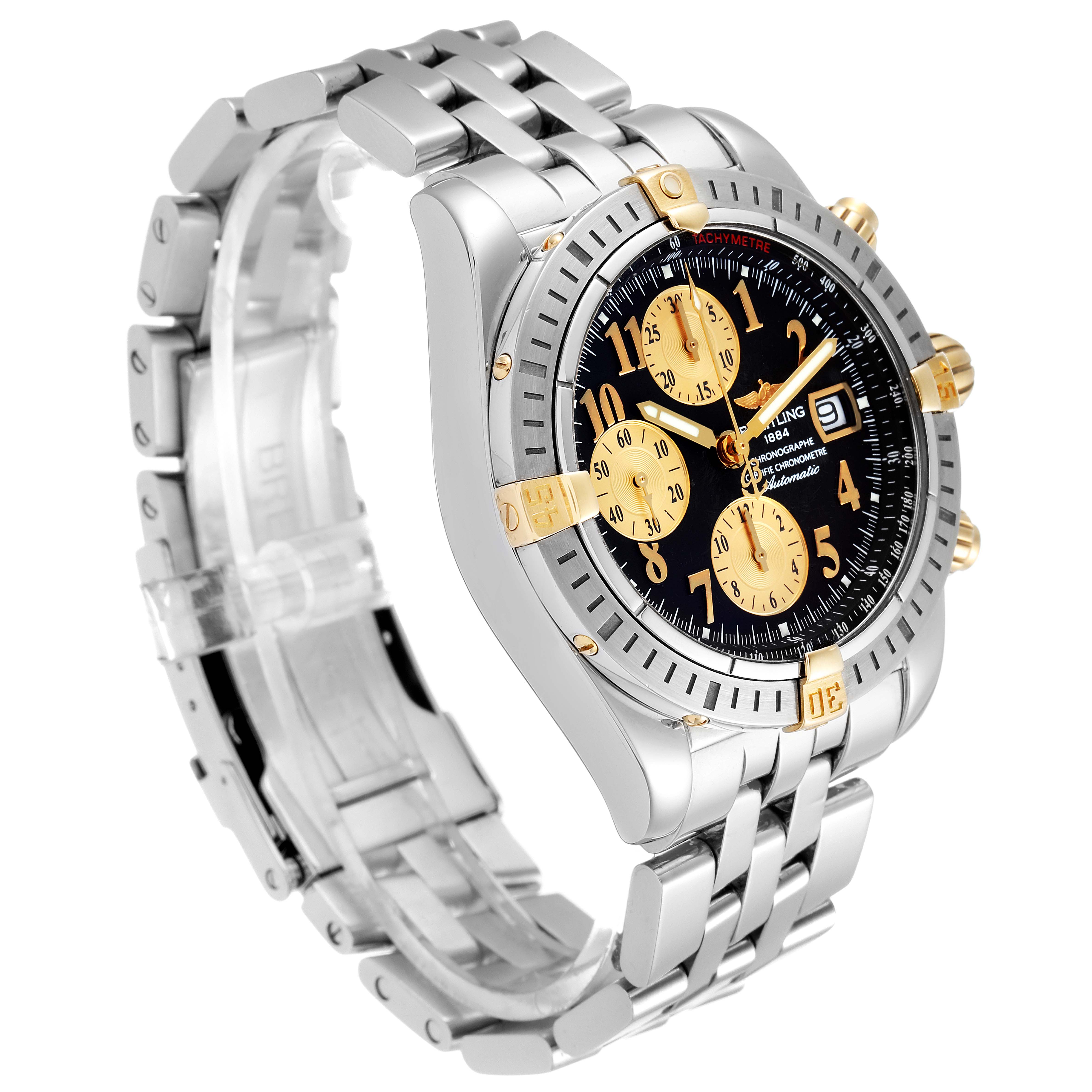 The image shows a Breitling Chronomat B13356 Men
s Stainless Steel Black Dial B13356 Men
s Stainless Steel Black Dial watch from a three-quarter angle, highlighting its face, bezel, and bracelet.