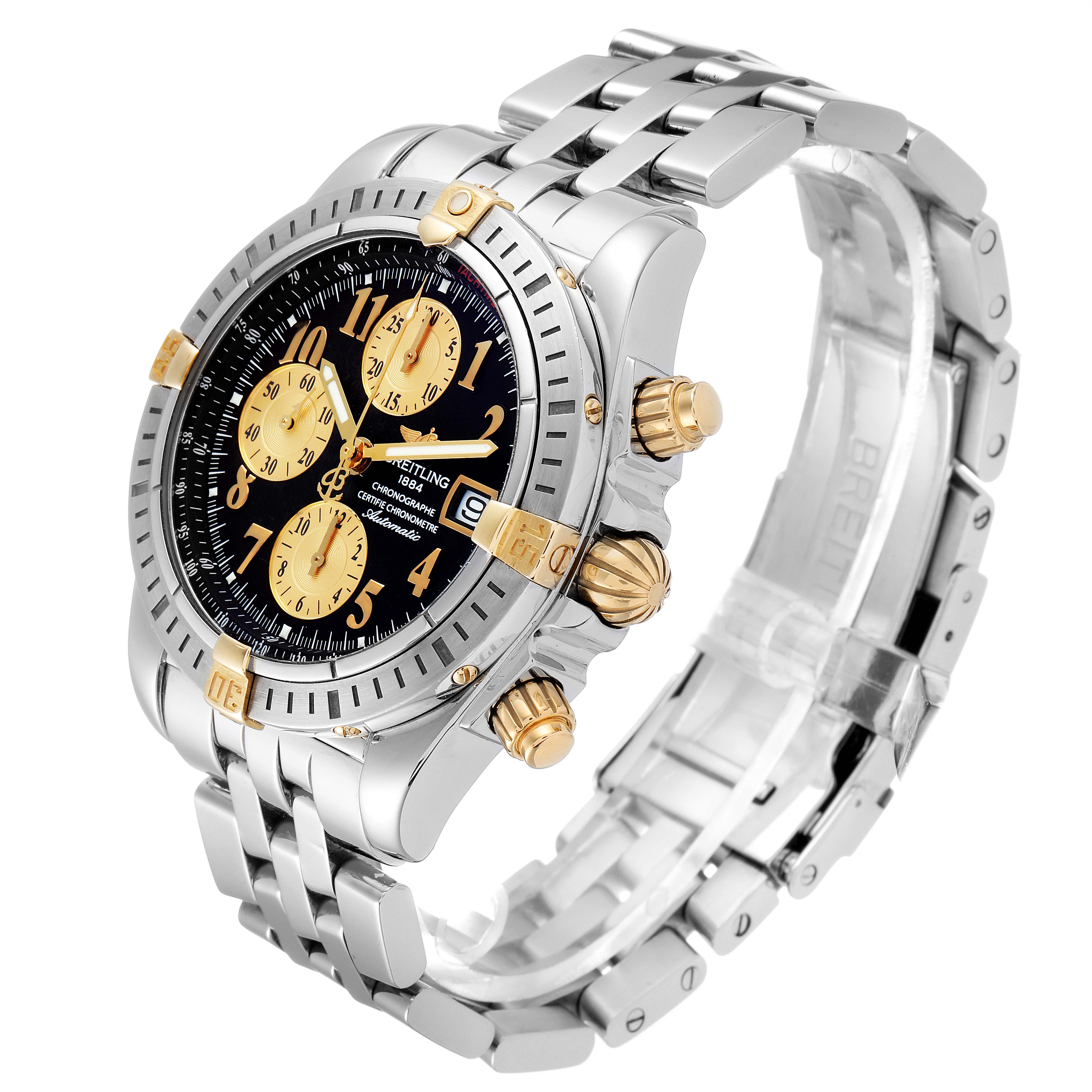 The Breitling Chronomat B13356 Men
s Stainless Steel Black Dial B13356 Men
s Stainless Steel Black Dial watch is shown at a three-quarter angle, highlighting its face, bezel, crown, pushers, and bracelet.
