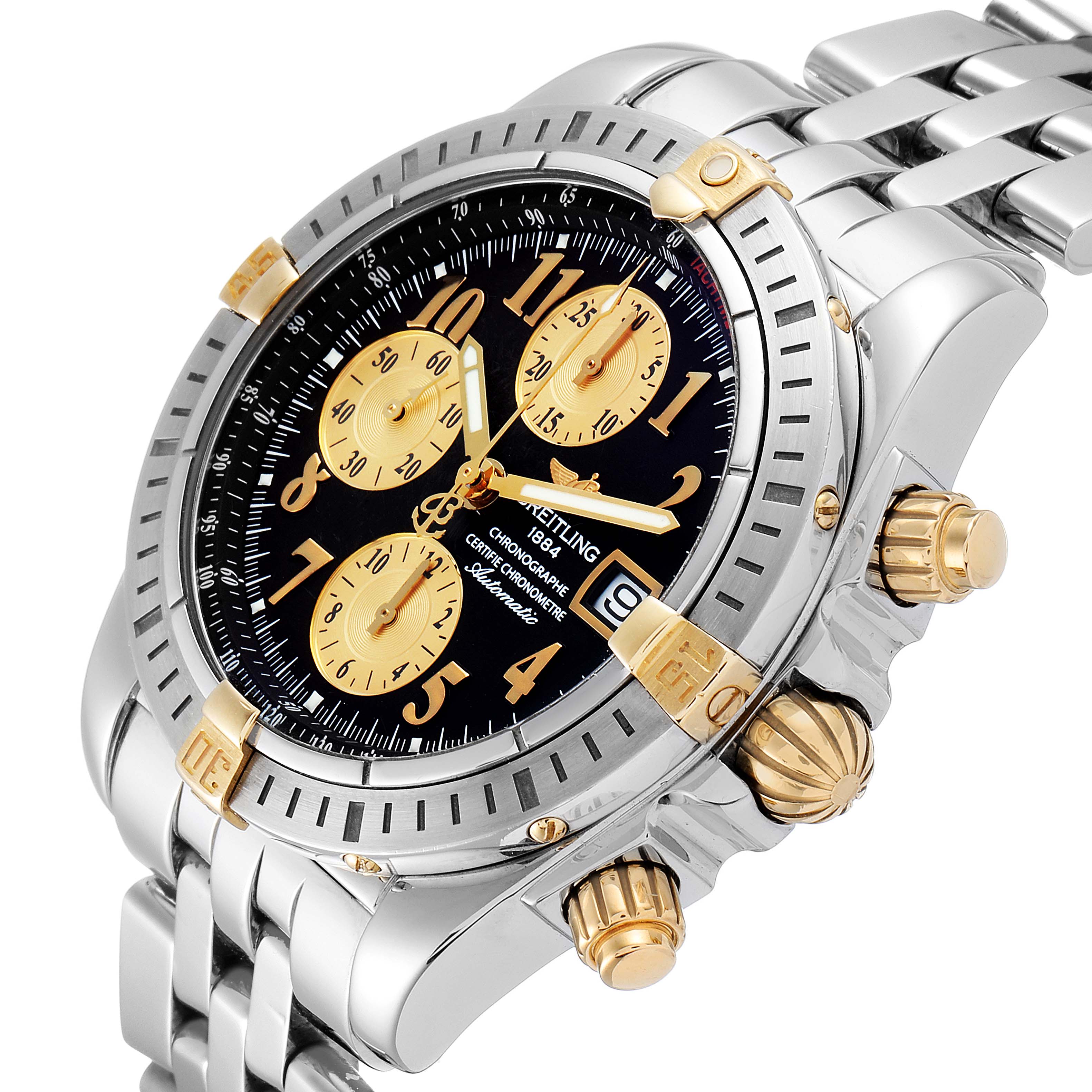 The image shows a Breitling Chronomat B13356 Men
s Stainless Steel Black Dial B13356 Men
s Stainless Steel Black Dial watch from a three-quarter angle, highlighting the dial, bezel, crown, and bracelet.