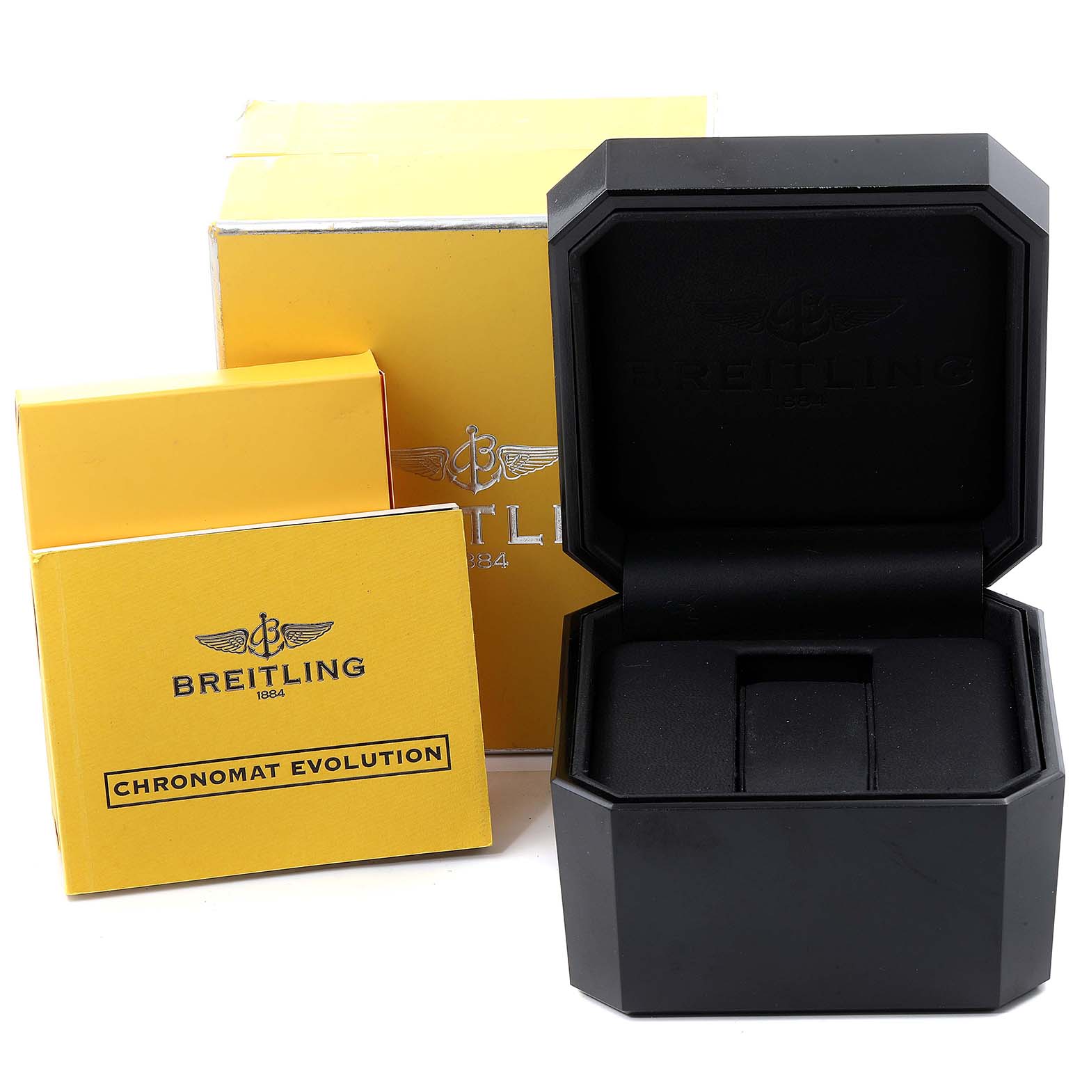 The image shows the packaging and accessories for the Breitling Chronomat B13356 Men
s Stainless Steel Black Dial B13356 Men
s Stainless Steel Black Dial Evolution, including a box, booklet, and watch case.