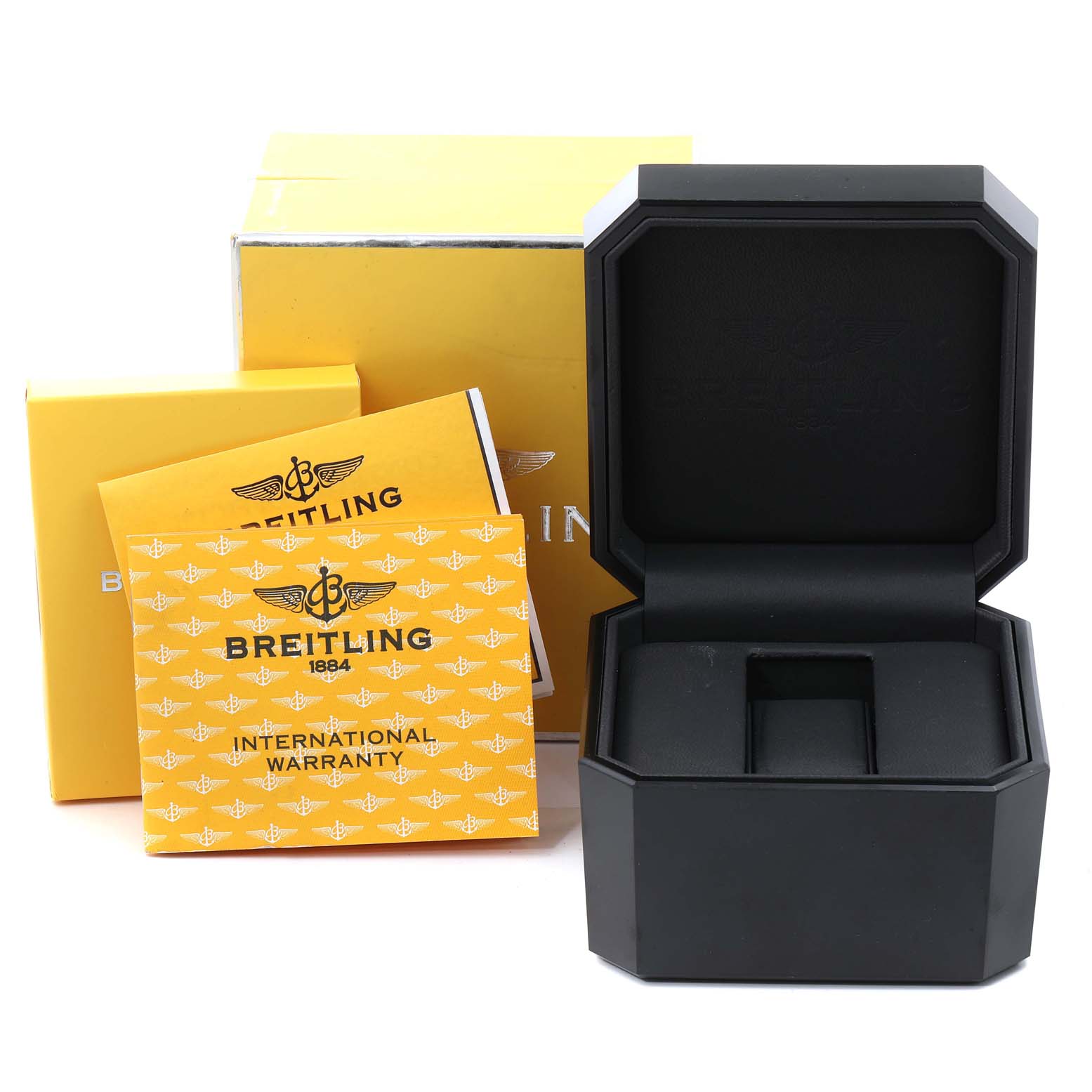 The image shows the packaging and international warranty card for a Breitling Chronomat B13356 Men
s Stainless Steel Blue Dial B13356 Men
s Stainless Steel Blue Dial watch.