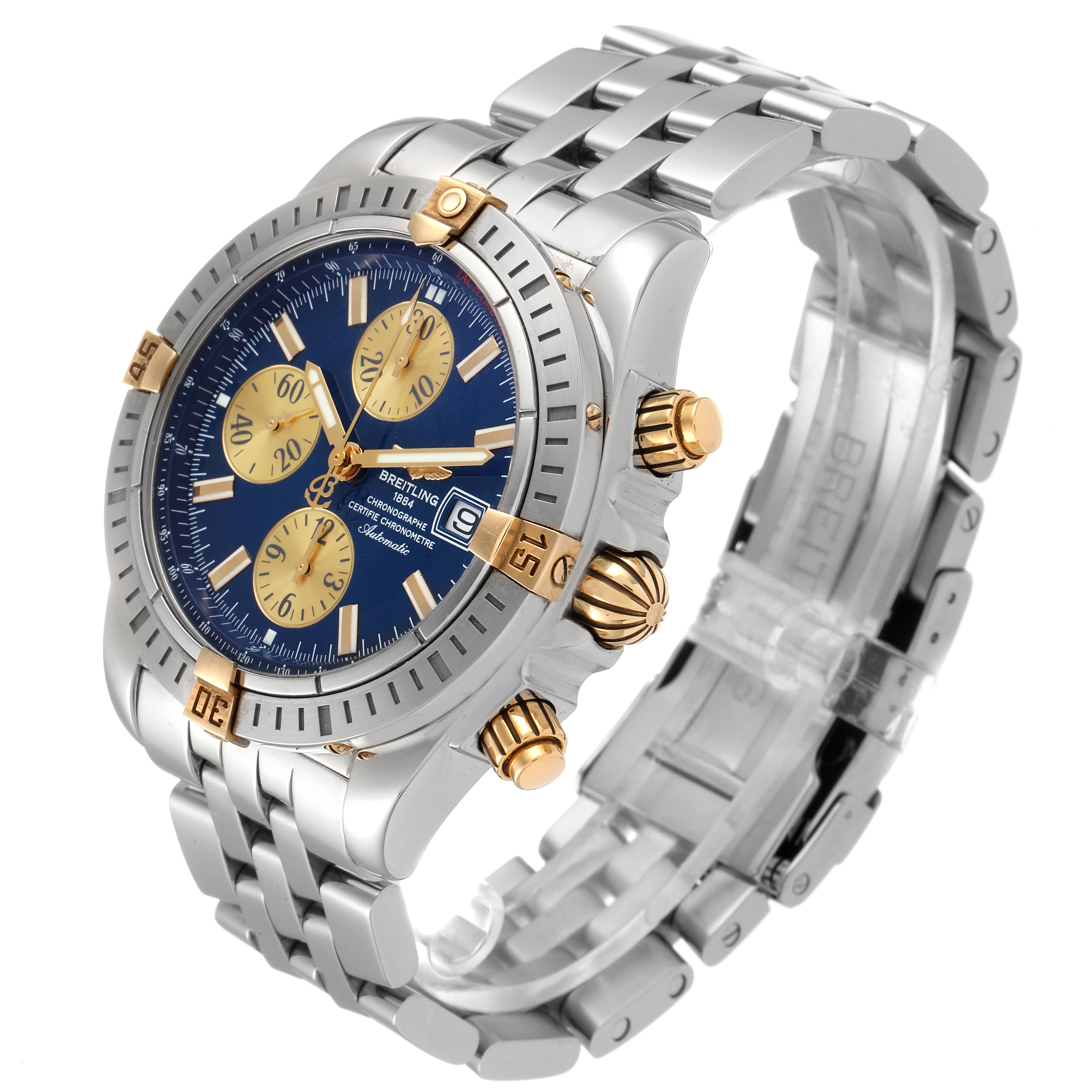 This image shows a Breitling Chronomat B13356 Men
s Stainless Steel Blue Dial B13356 Men
s Stainless Steel Blue Dial watch at a slight angled view, highlighting its blue dial, chronograph subdials, and metal bracelet.