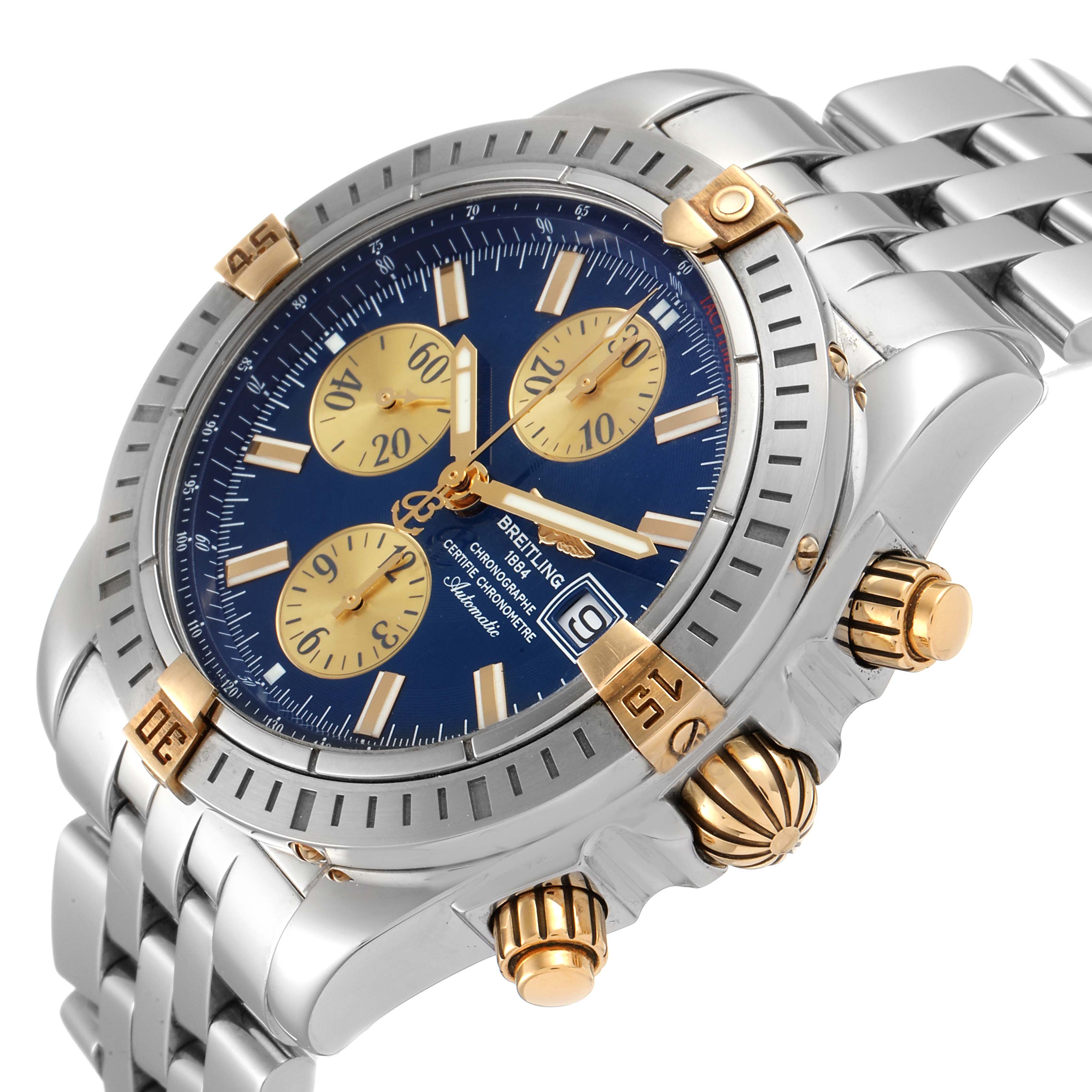 The image shows a Breitling Chronomat B13356 Men
s Stainless Steel Blue Dial B13356 Men
s Stainless Steel Blue Dial watch at an angled side view, highlighting the blue dial, subdials, bezel, crown, and bracelet.