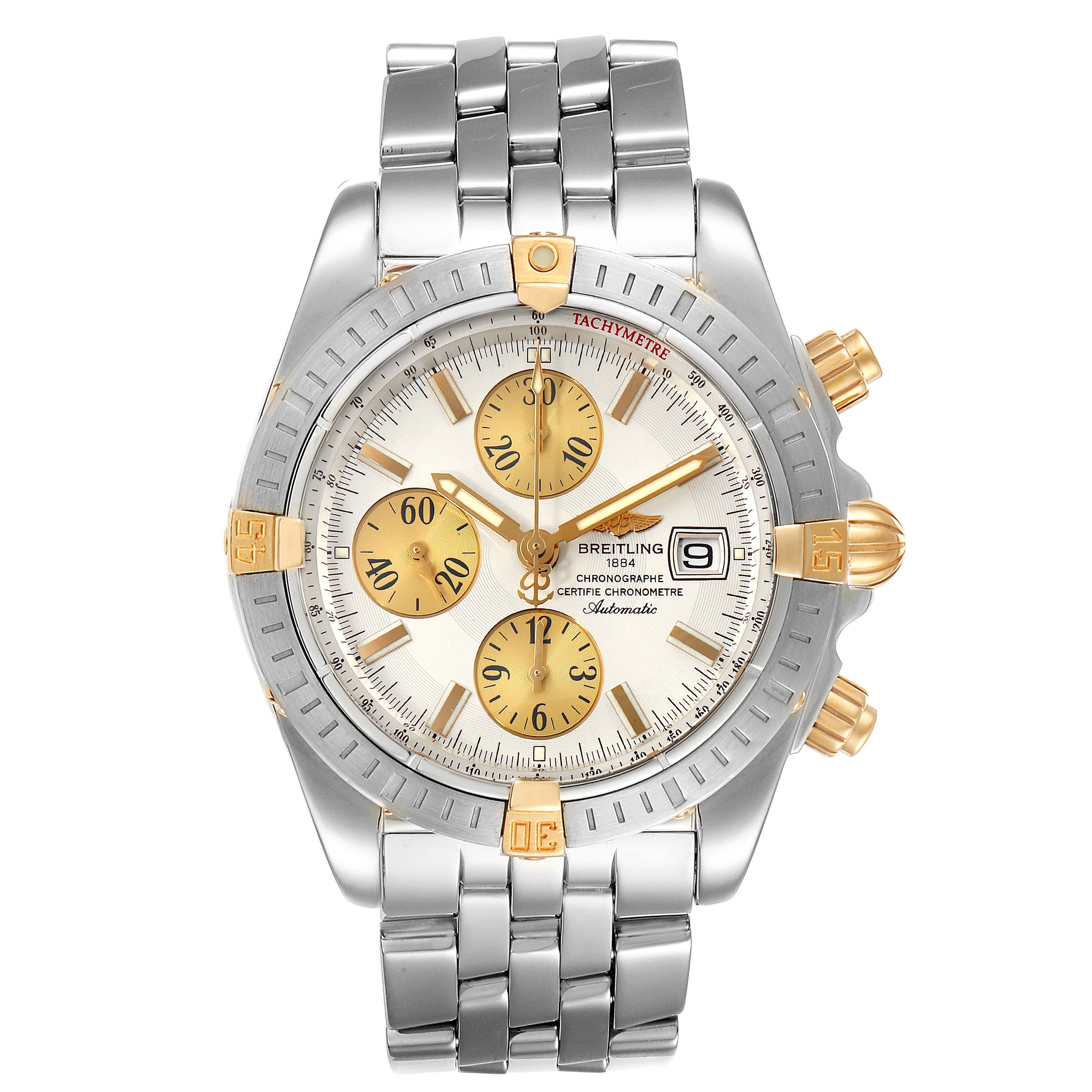 The Breitling Chronomat B13356 Men
s Stainless Steel Silver Dial B13356 Men
s Stainless Steel Silver Dial watch is shown from the front, displaying its dial, bezel, chronograph subdials, and steel bracelet.