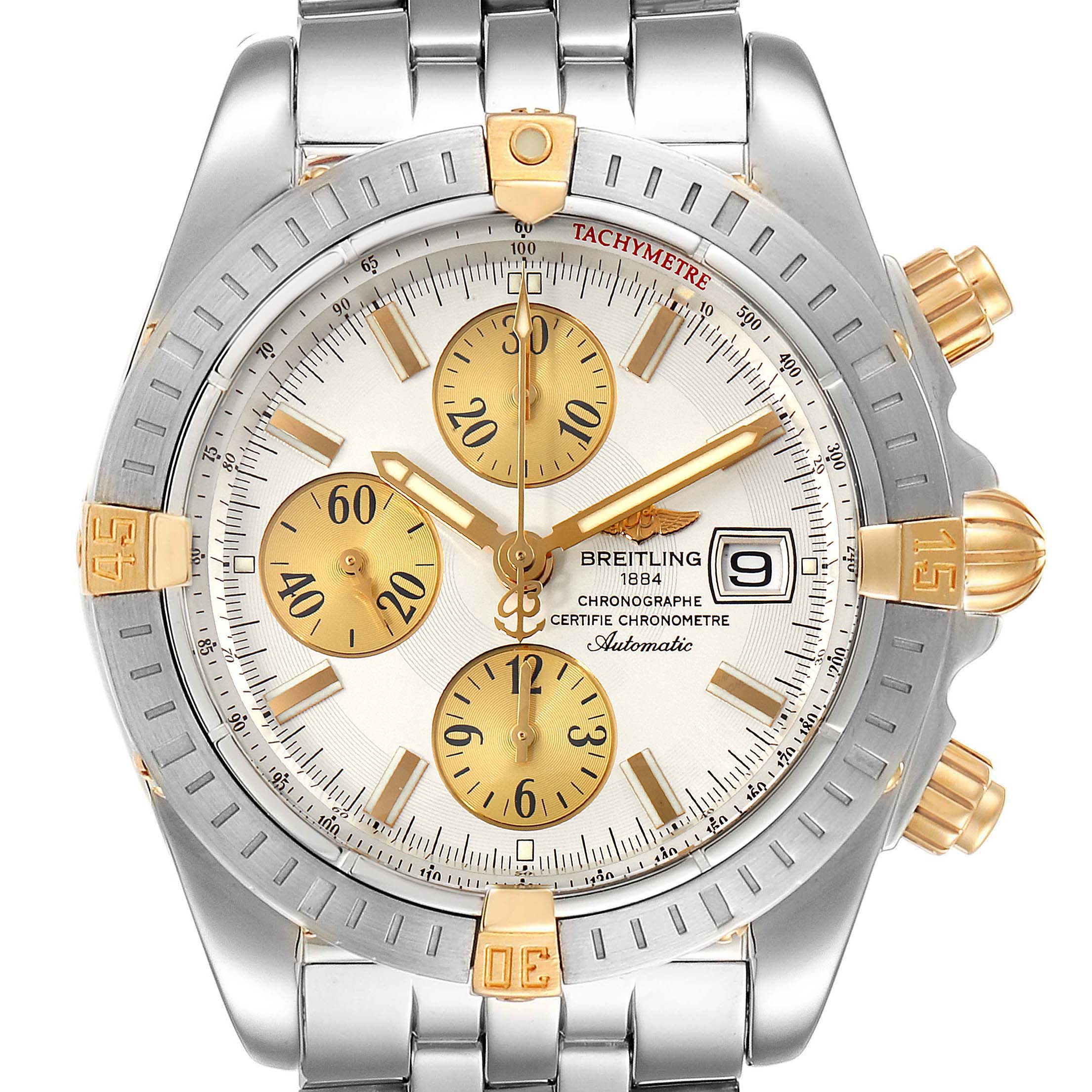 This is a close-up of the Breitling Chronomat B13356 Men
s Stainless Steel Silver Dial B13356 Men
s Stainless Steel Silver Dial watch showing its face, bezel, subdials, and part of the bracelet.