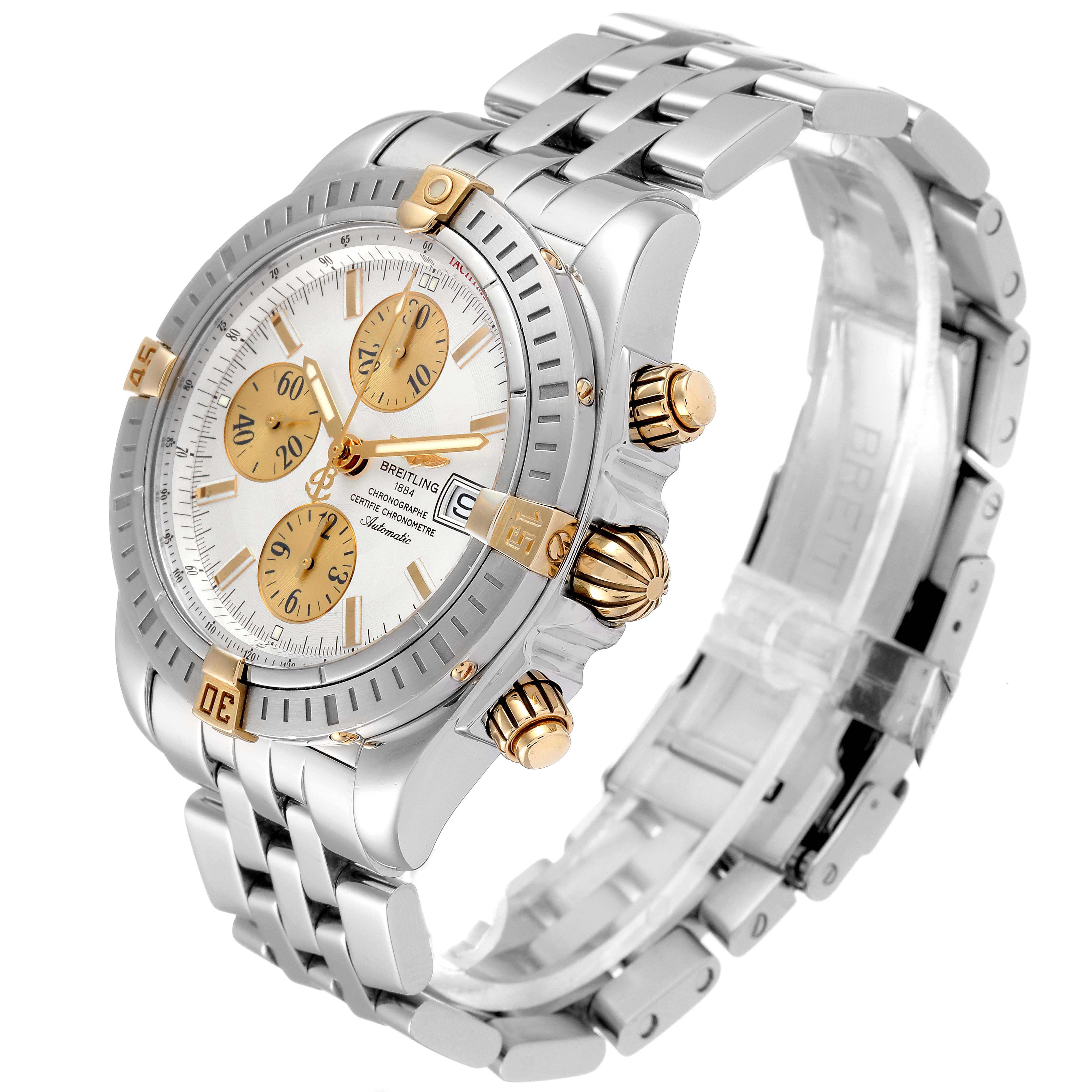 The Breitling Chronomat B13356 Men
s Stainless Steel Silver Dial B13356 Men
s Stainless Steel Silver Dial watch is shown from a three-quarter angle, highlighting the face, crown, pushers, and bracelet.