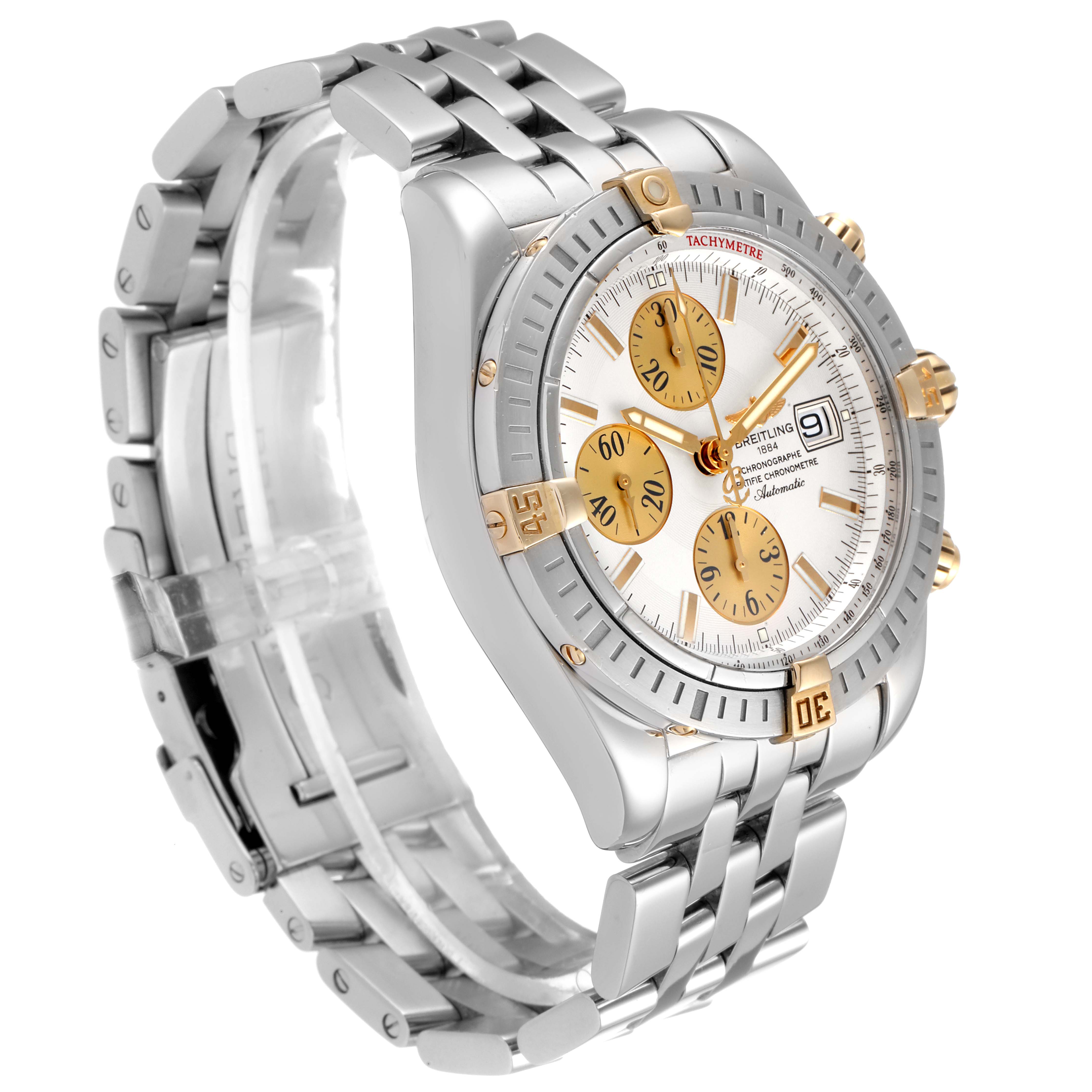 The image shows a Breitling Chronomat B13356 Men
s Stainless Steel Silver Dial B13356 Men
s Stainless Steel Silver Dial watch at a three-quarter angle, displaying the face, bezel, and bracelet clearly.
