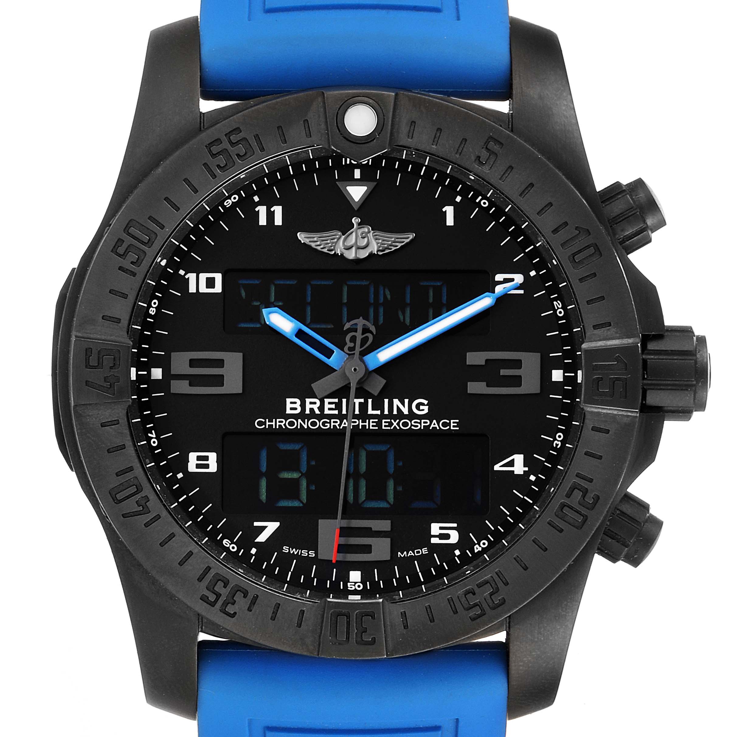 The image shows a front view of a Breitling Professional Series VB5510 Men's Titanium Black Dial VB5510 Men's Titanium Black Dial Chronographe Exospace watch with a blue band and digital display.