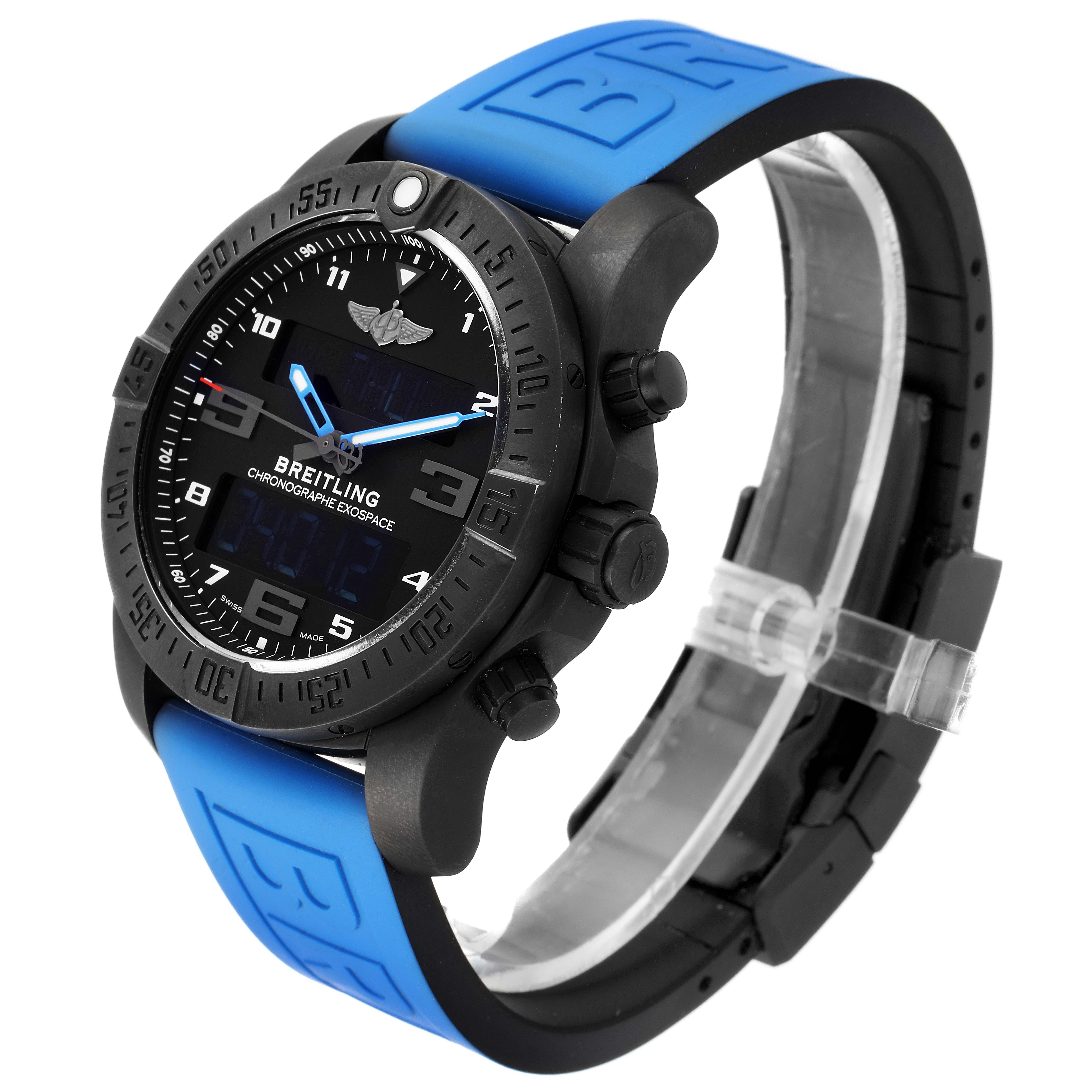 The image shows a side angle of the Breitling Professional Series VB5510 Men's Titanium Black Dial VB5510 Men's Titanium Black Dial watch, highlighting its blue strap and black dial.