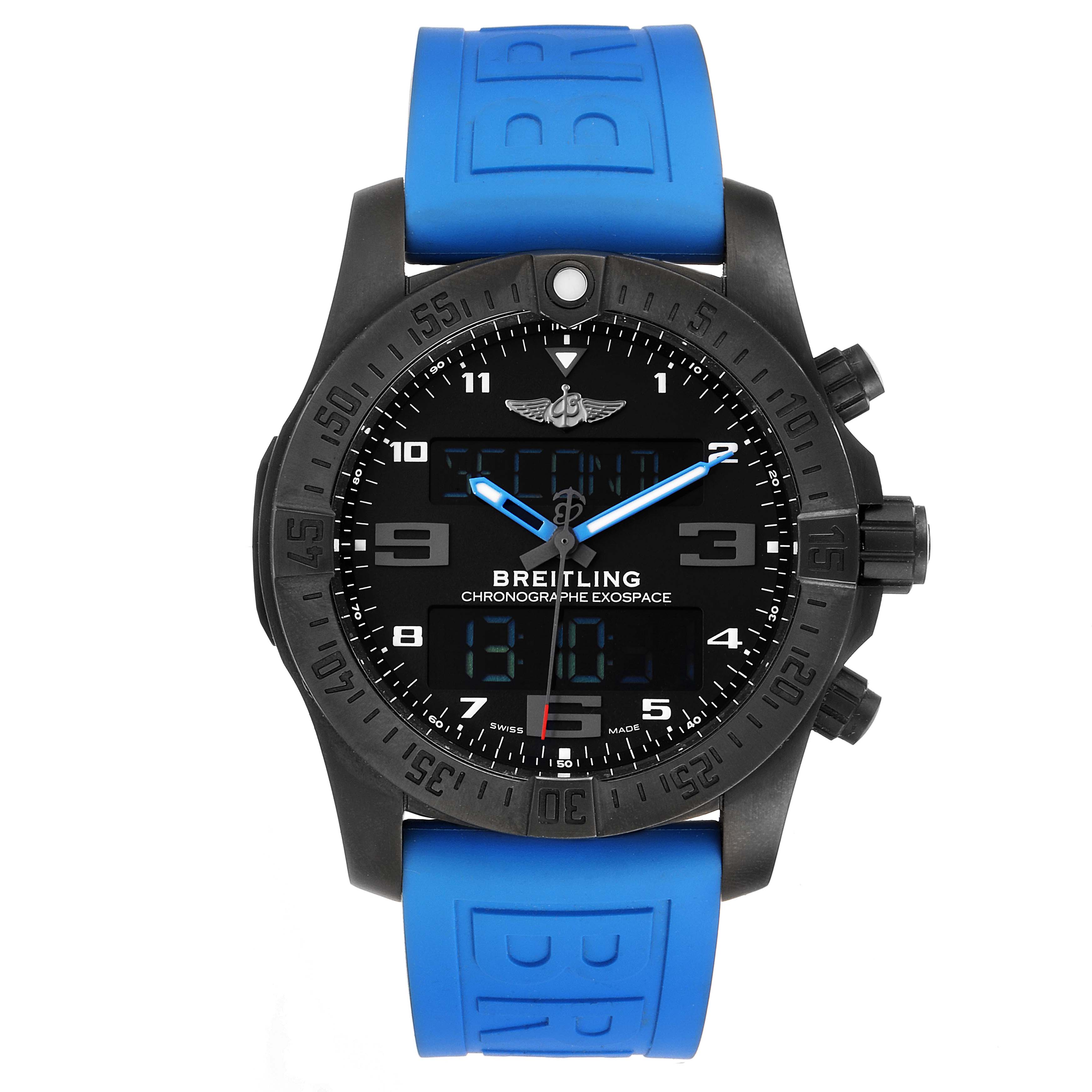 The image shows a front view of a Breitling Professional Series VB5510 Men's Titanium Black Dial VB5510 Men's Titanium Black Dial chronograph watch with a black face and blue strap.