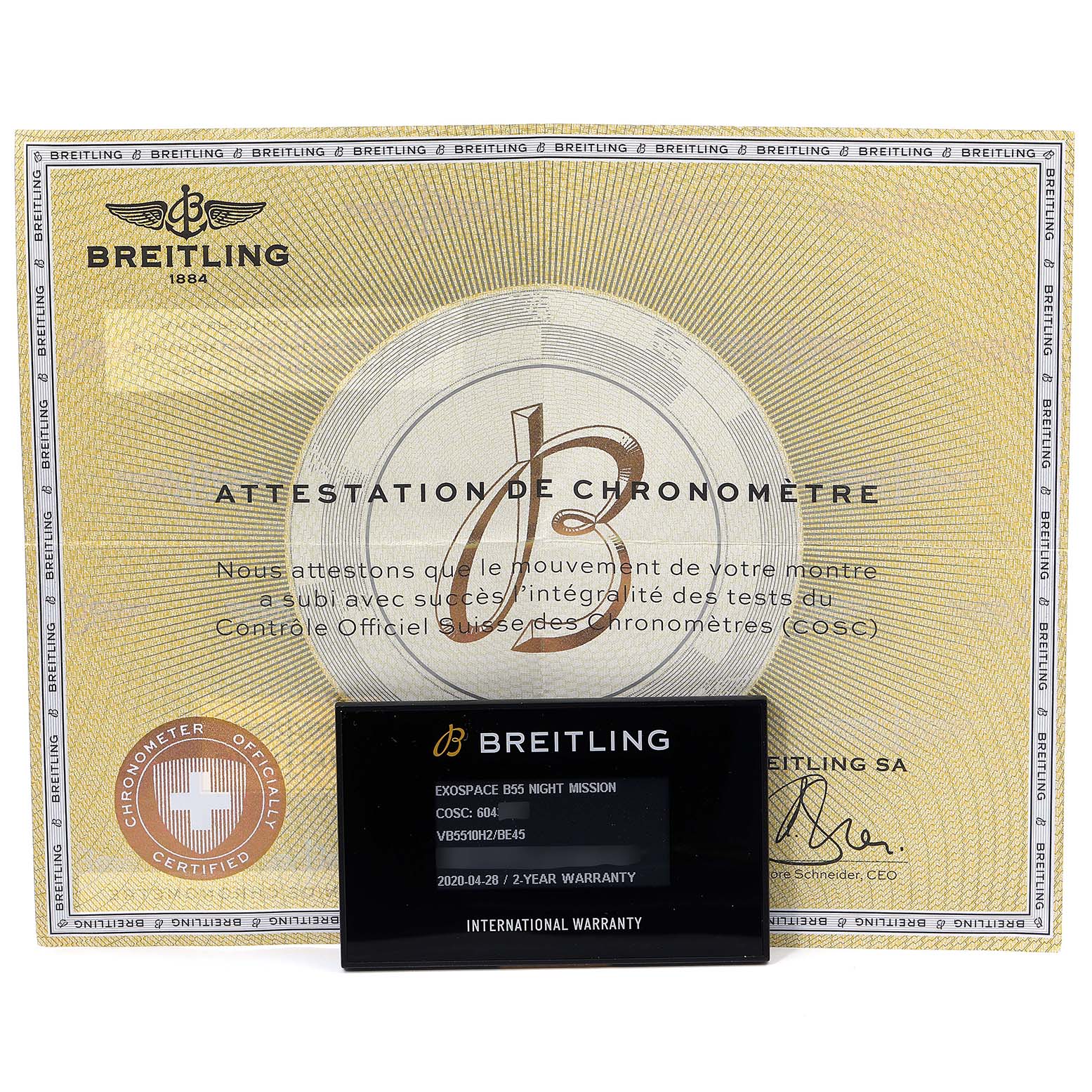 The image shows the certification and warranty cards for the Breitling Professional Series VB5510 Men's Titanium Black Dial VB5510 Men's Titanium Black Dial model.