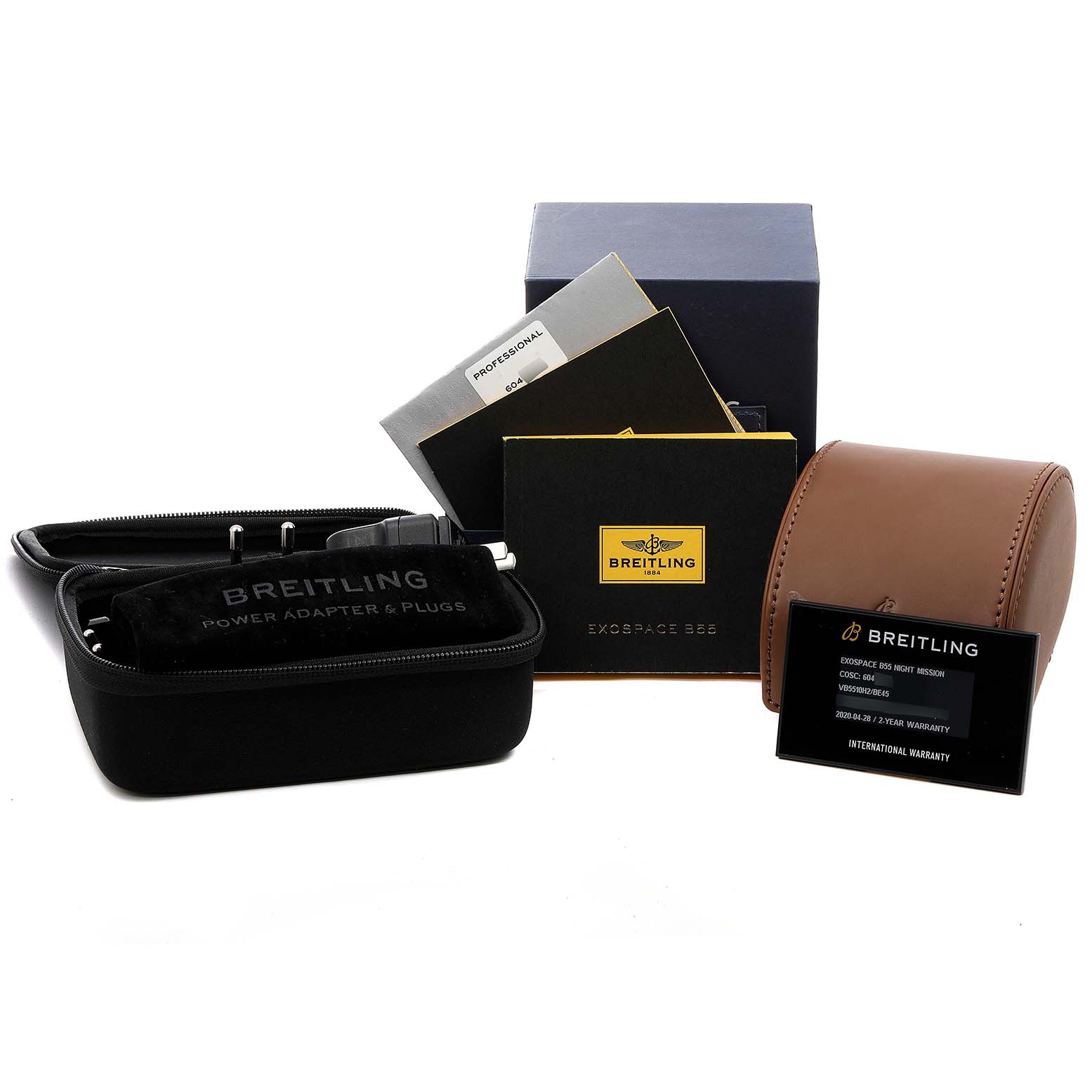 The image shows accessories for the Breitling Professional Series VB5510 Men's Titanium Black Dial VB5510 Men's Titanium Black Dial, including a box, power adapter case, and warranty card.