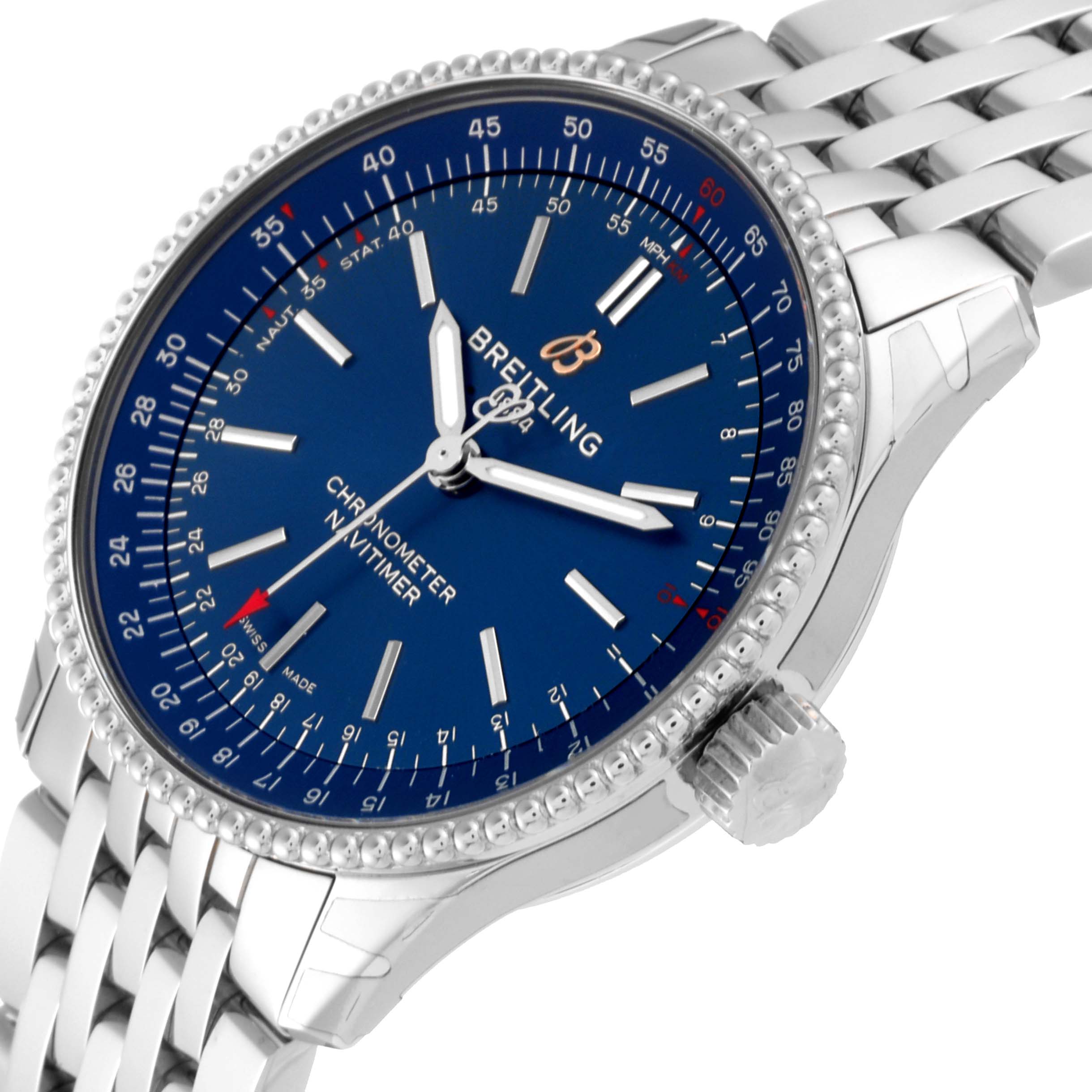The Breitling Navitimer A17395 Men's Stainless Steel Blue Dial A17395 Men's Stainless Steel Blue Dial Automatic 35 Blue Dial Steel Ladies Watch A17395 is shown from an angled close-up, highlighting the dial, bezel, and bracelet.