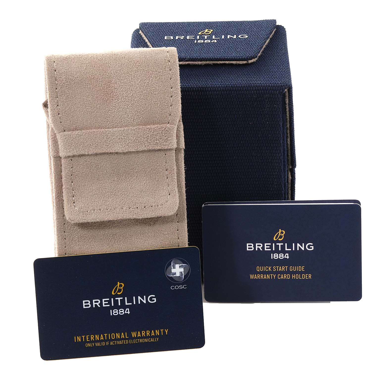 The image shows the packaging and accessories for the Breitling Navitimer A17395 Men's Stainless Steel Blue Dial A17395 Men's Stainless Steel Blue Dial Automatic 35 Blue Dial Steel Ladies Watch model A17395.