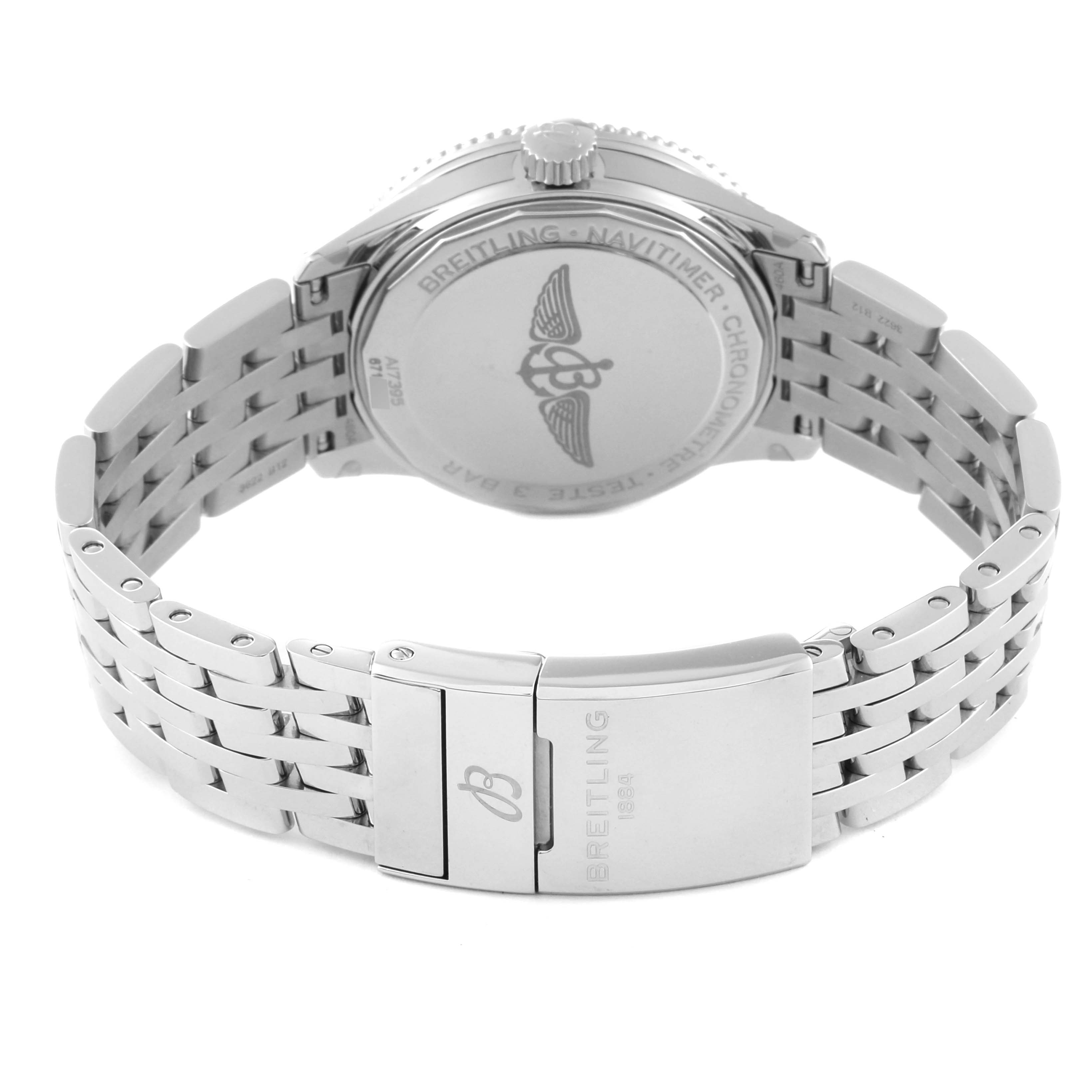 The image shows the back case and bracelet of the Breitling Navitimer A17395 Men's Stainless Steel Blue Dial A17395 Men's Stainless Steel Blue Dial Automatic 35 Blue Dial Steel Ladies Watch A17395 Unworn model.