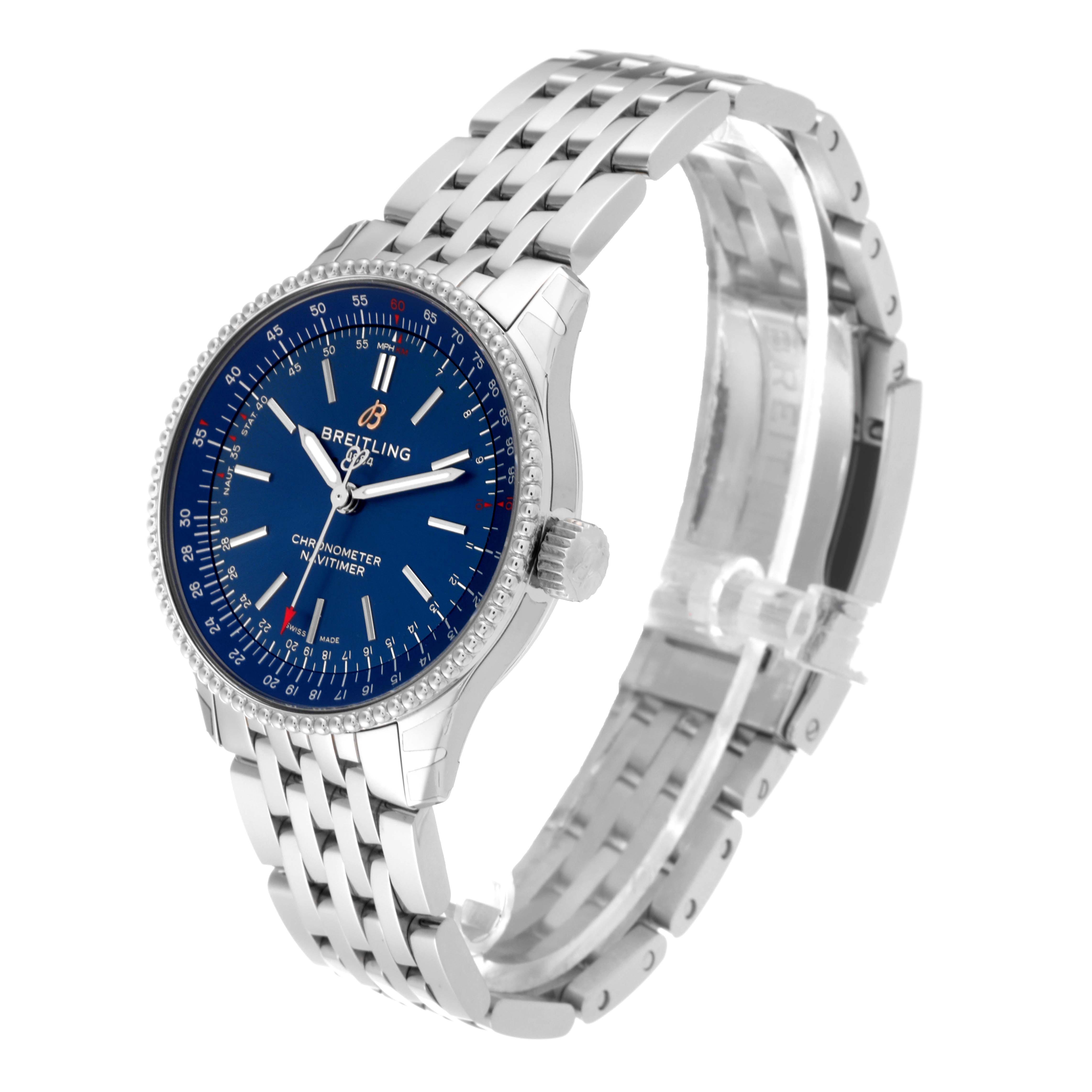 The image shows a Breitling Navitimer A17395 Men's Stainless Steel Blue Dial A17395 Men's Stainless Steel Blue Dial Automatic 35 Blue Dial Steel Ladies Watch A17395 from an oblique angle, displaying the face, bezel, crown, and bracelet.