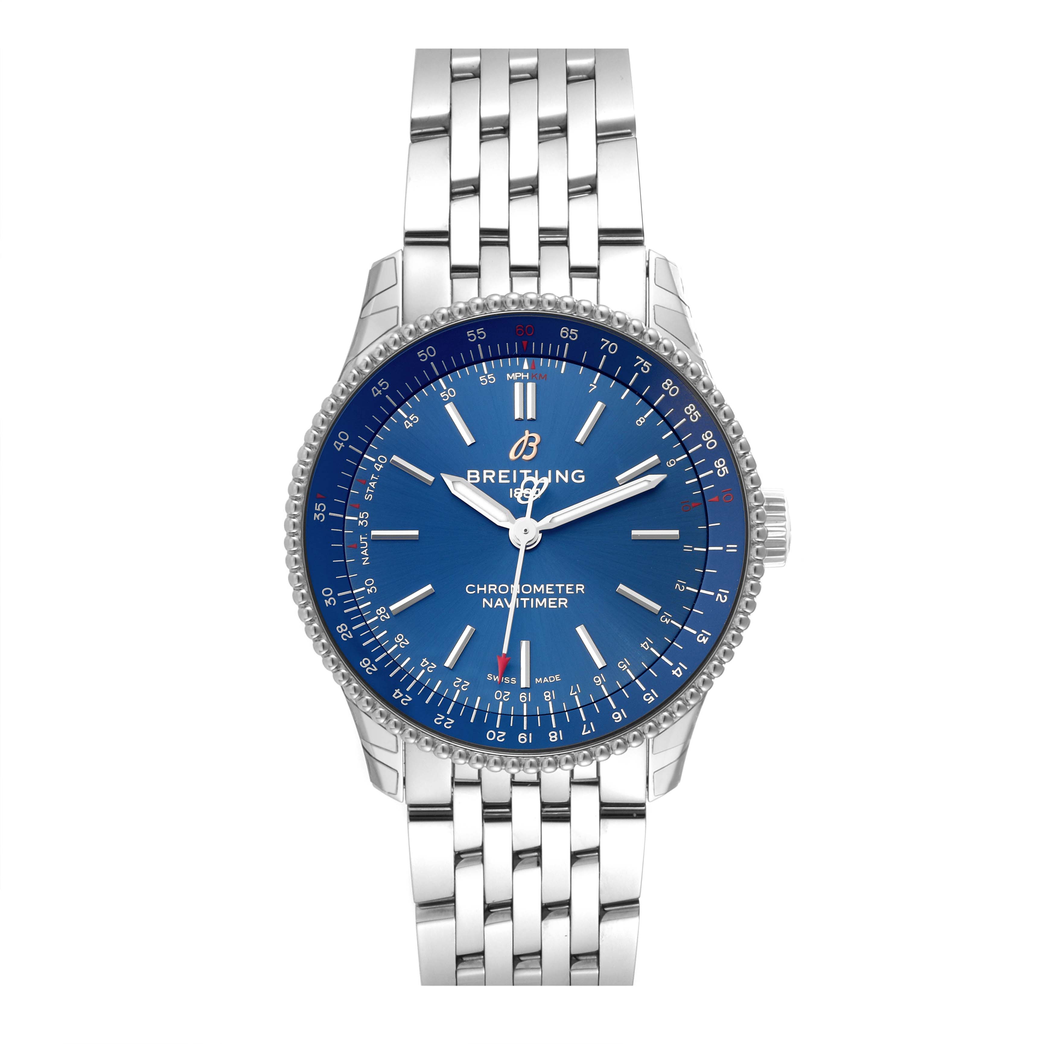 The Breitling Navitimer A17395 Men's Stainless Steel Blue Dial A17395 Men's Stainless Steel Blue Dial Automatic 35 Blue Dial Steel Ladies Watch A17395 is shown from a front angle, displaying the dial and bracelet.