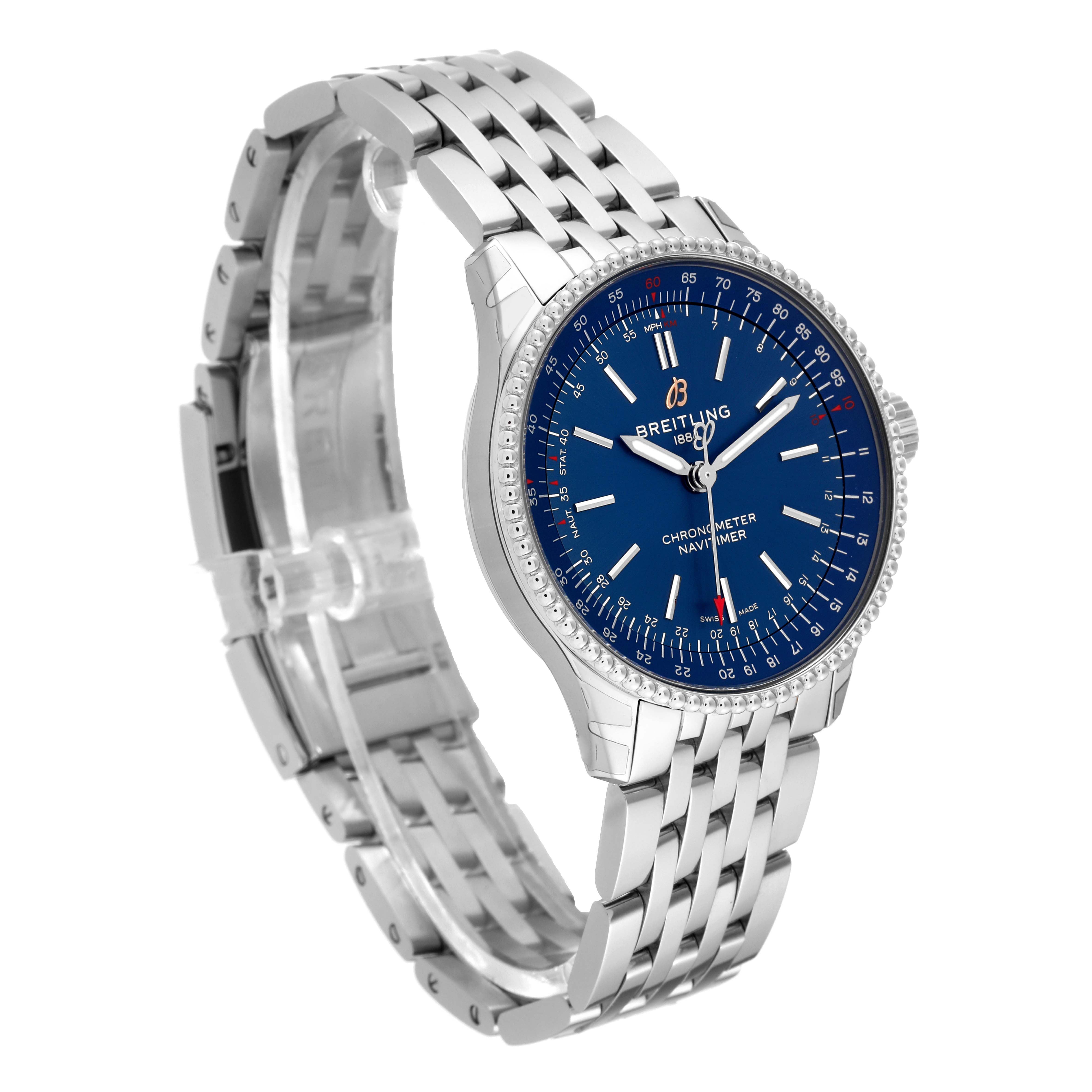 The Breitling Navitimer A17395 Men's Stainless Steel Blue Dial A17395 Men's Stainless Steel Blue Dial Automatic 35 Blue Dial Steel Ladies Watch A17395 is shown at an angle highlighting its dial, bezel, and open steel bracelet.