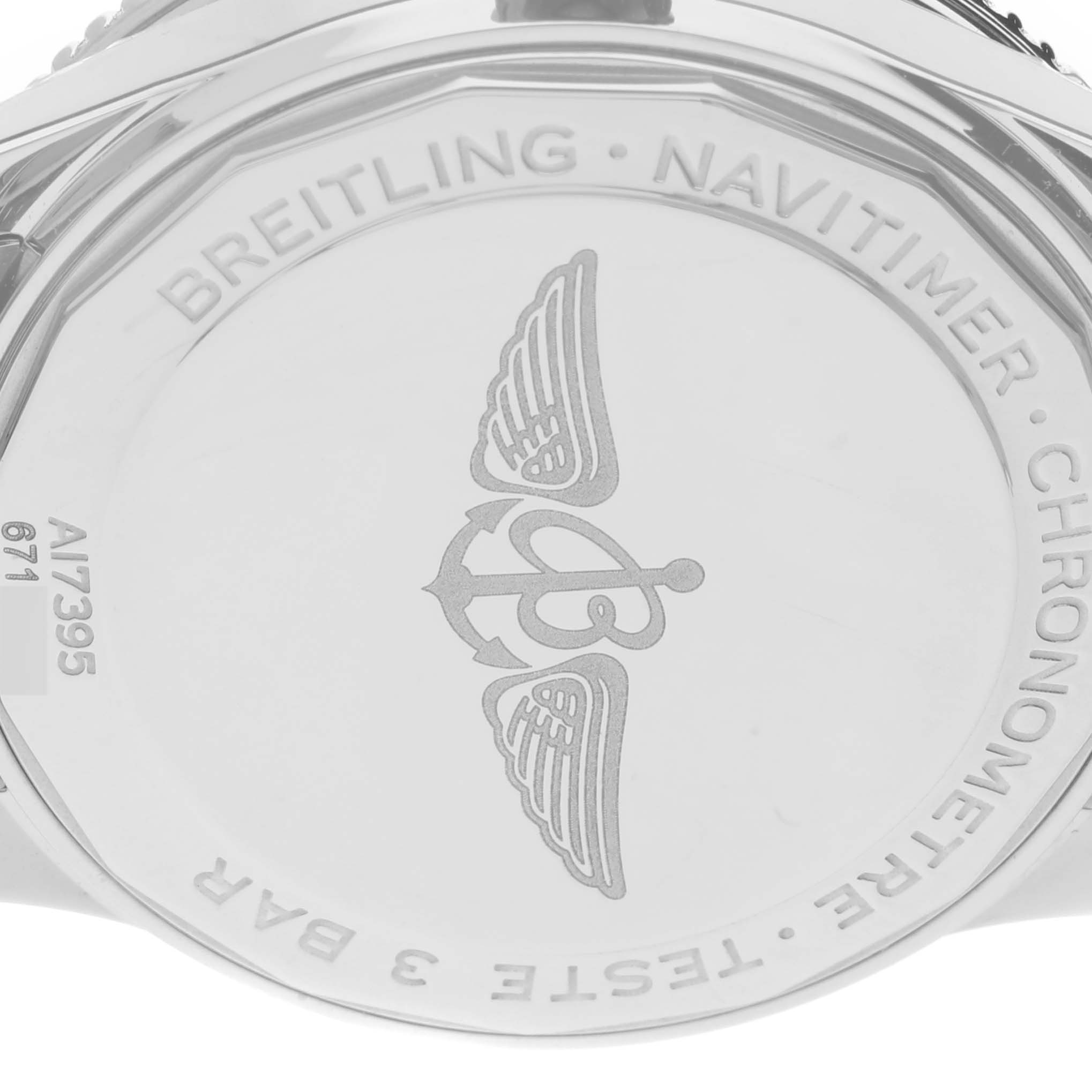 This image shows the back view of the Breitling Navitimer A17395 Men's Stainless Steel Blue Dial A17395 Men's Stainless Steel Blue Dial Automatic 35 Blue Dial Steel Ladies Watch A17395, showcasing the brand logo and engravings.