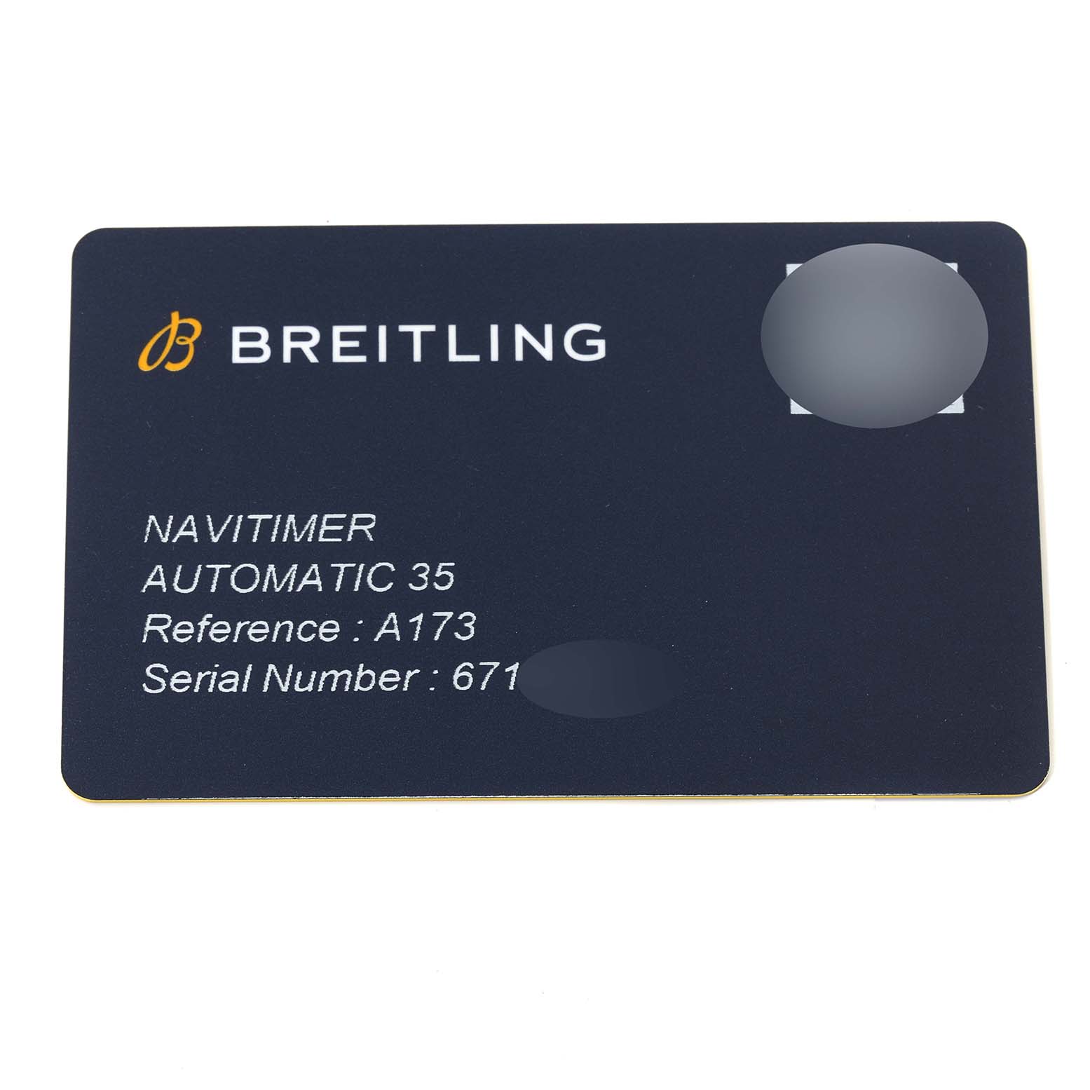 The image shows a Breitling warranty card for the Navitimer Automatic 35 model A17395, with reference and serial numbers.