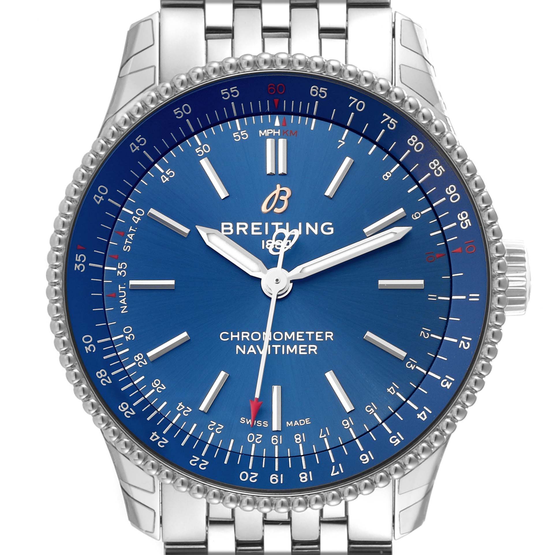 The image shows a front view of a Breitling Navitimer A17395 Men's Stainless Steel Blue Dial A17395 Men's Stainless Steel Blue Dial Automatic 35 Ladies Watch A17395 with a blue dial and steel bracelet.