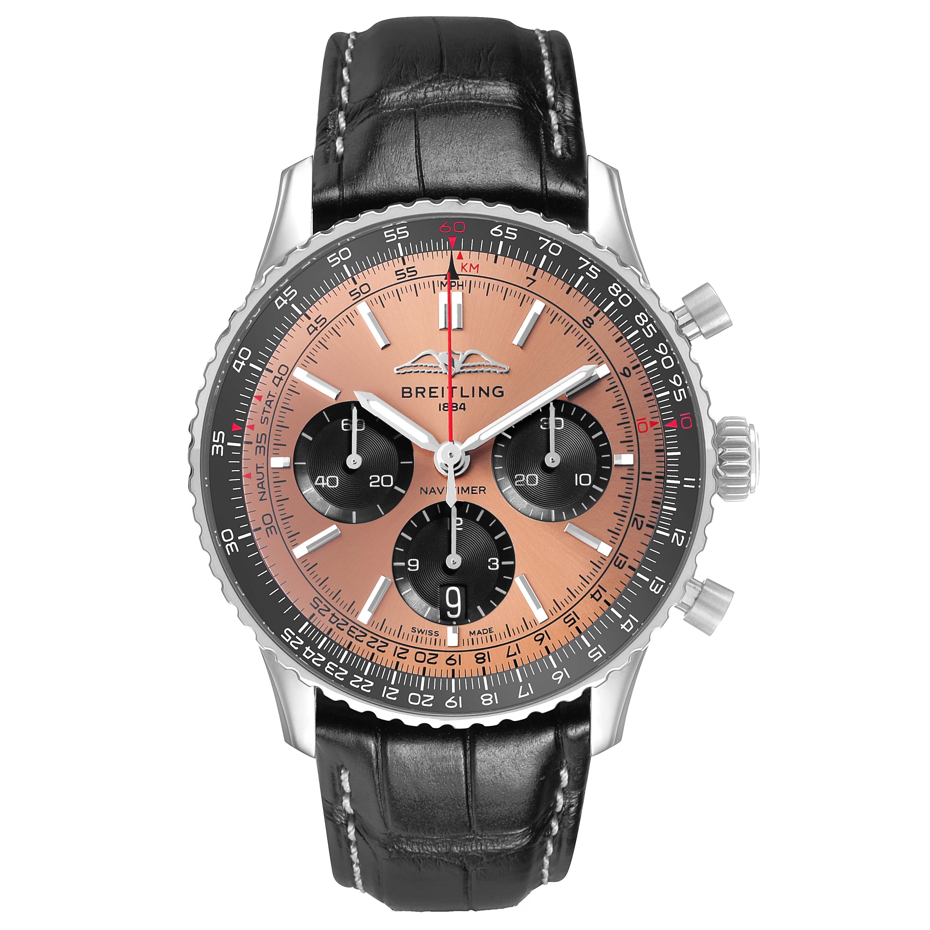 The Breitling Navitimer AB0138 Men's Stainless Steel Brown Dial watch is shown from a top-down angle, highlighting its face, bezel, subdials, and leather strap.