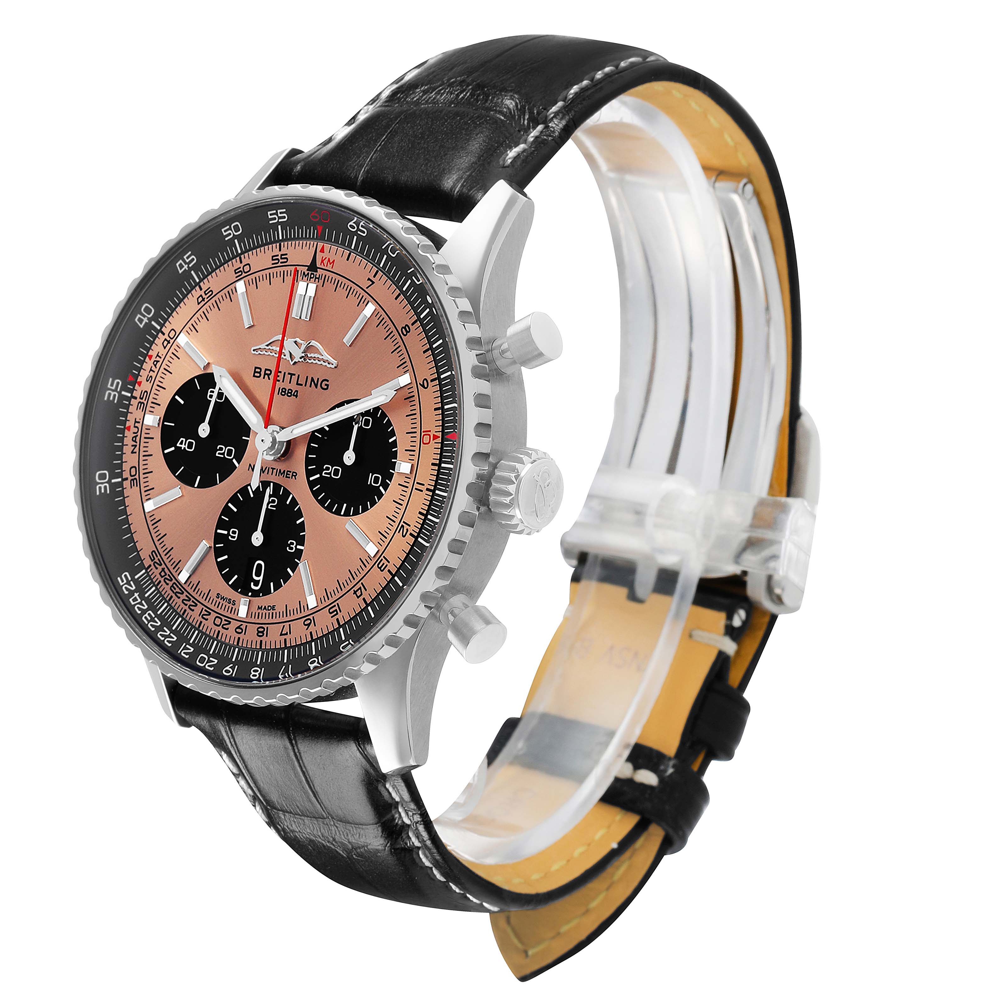 The Breitling Navitimer AB0138 Men's Stainless Steel Brown Dial watch is shown at a three-quarter angle, highlighting the dial, bezel, lugs, pushers, and leather strap.