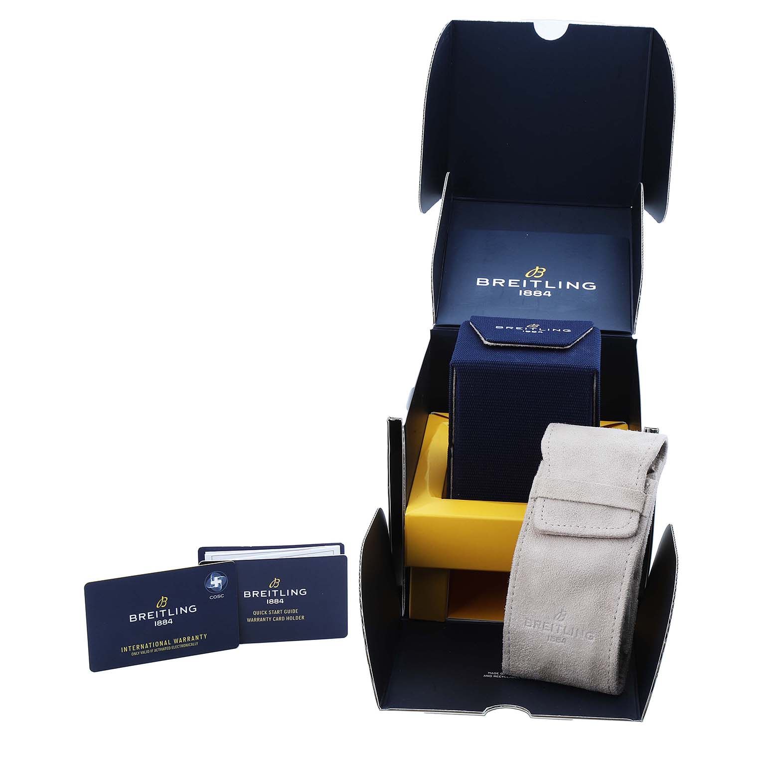 The image shows an open box with warranty cards, a pouch, and packaging for the Breitling Navitimer AB0138 Men's Stainless Steel Brown Dial watch model.