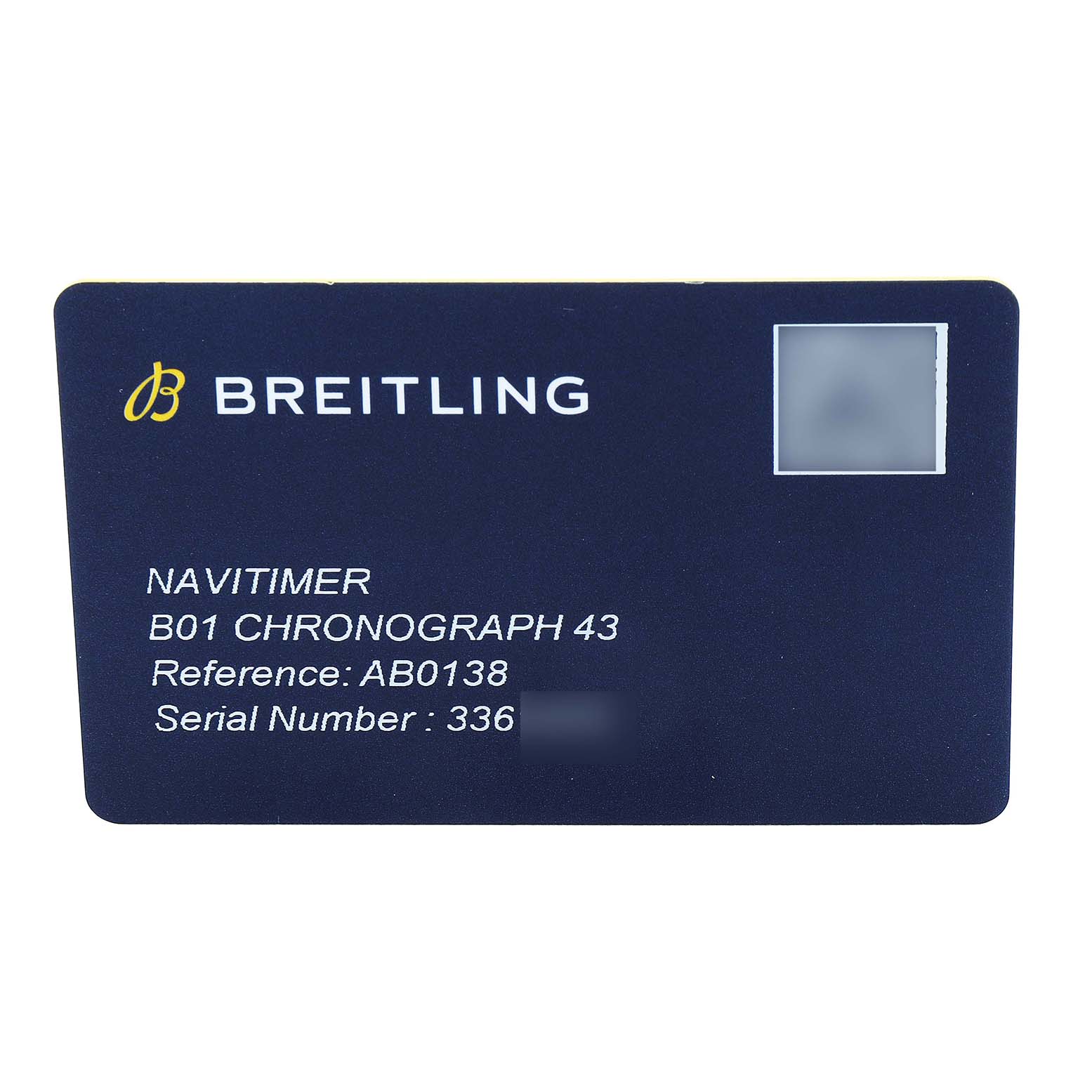 The image shows a Breitling Navitimer AB0138 Men's Stainless Steel Brown Dial B01 Chronograph 43 warranty card, displaying reference and serial numbers.