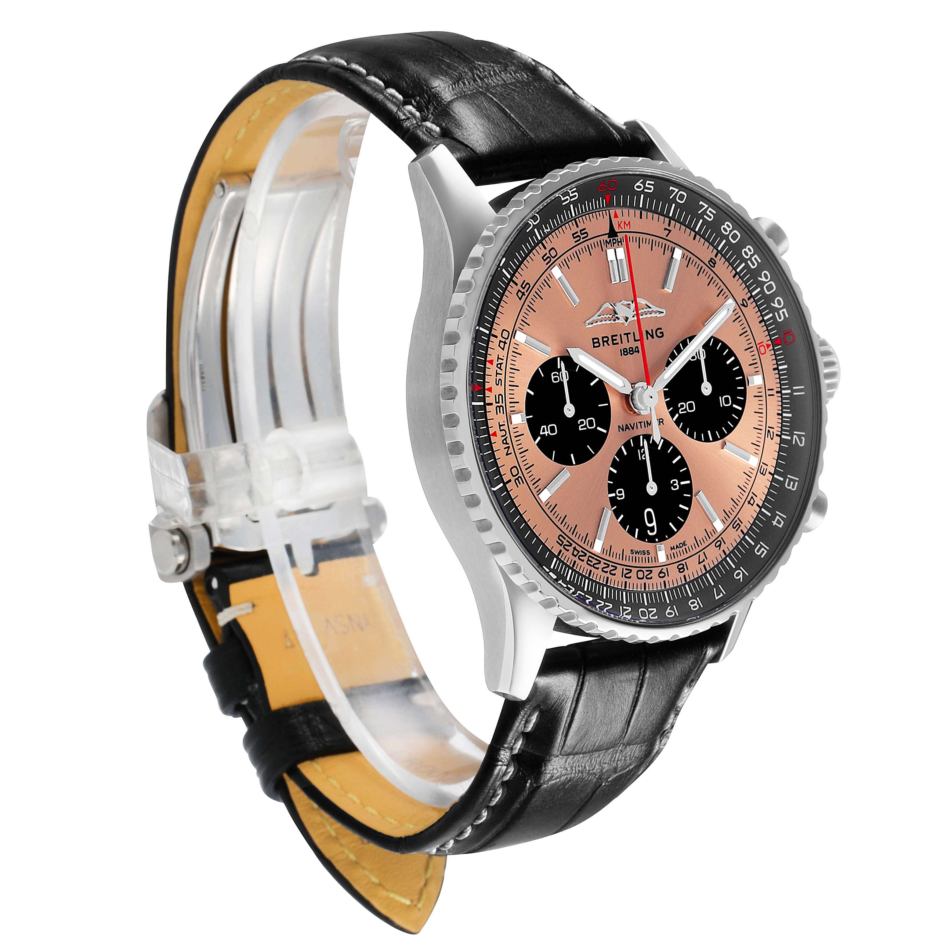 The Breitling Navitimer AB0138 Men's Stainless Steel Brown Dial watch is shown at a three-quarter angle, displaying the face, bezel, crown, and part of the leather strap.
