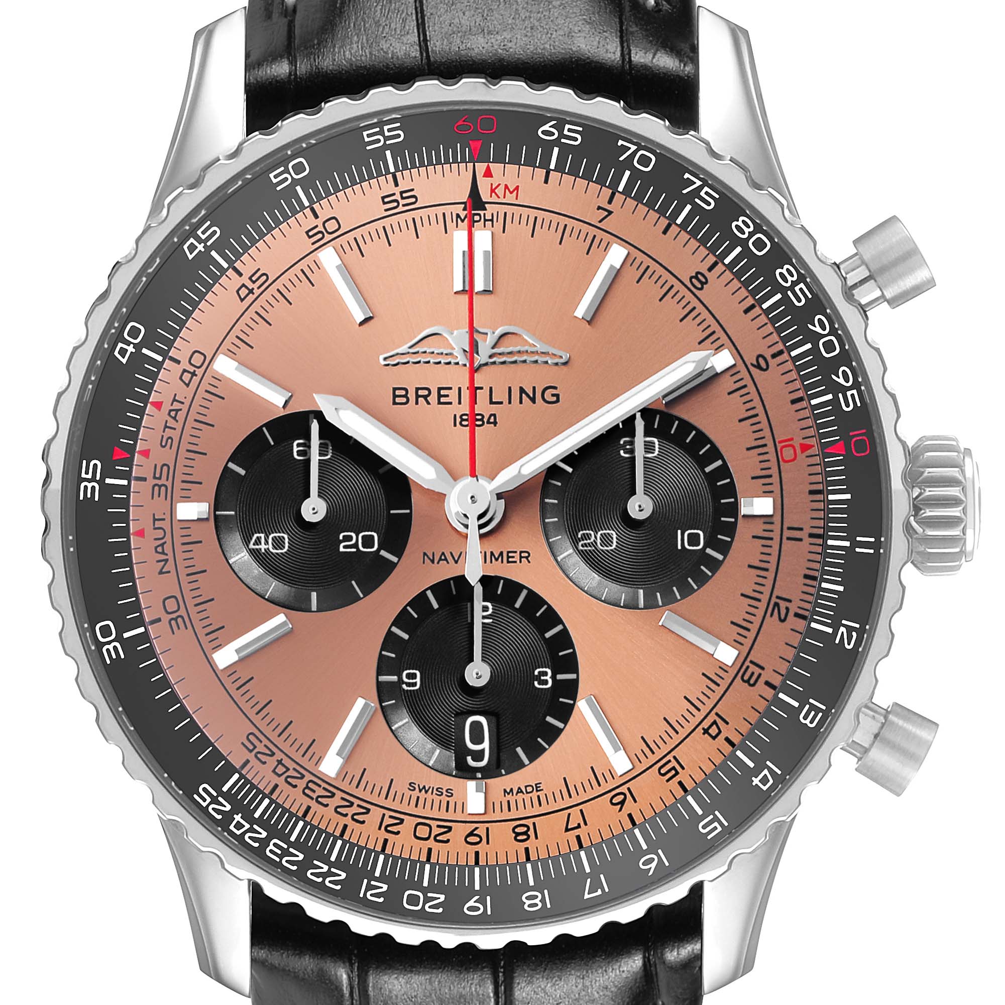This Breitling Navitimer AB0138 Men's Stainless Steel Brown Dial watch is shown from the front, displaying the dial, bezel, and chronograph subdials.