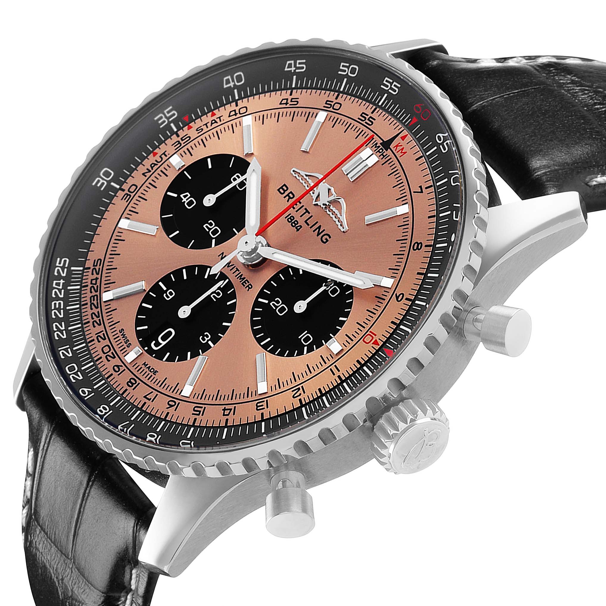 The Breitling Navitimer AB0138 Men's Stainless Steel Brown Dial watch is shown at an angled side view, displaying the dial, bezel, pushers, and part of the leather strap.