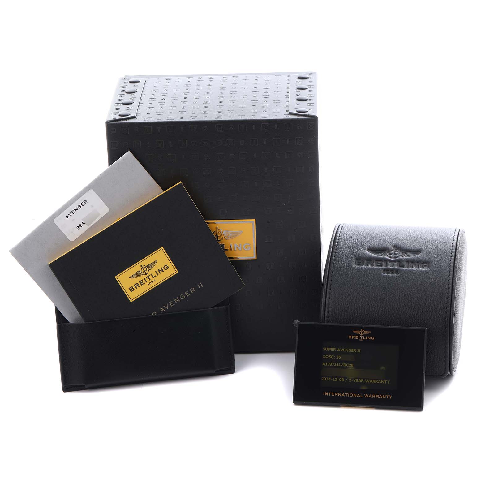 The image shows Breitling Avenger A13371 Men's Stainless Steel Black Dial A13371 Men's Stainless Steel Black Dial packaging, including the box, manual, leather case, and warranty card, viewed from the front.