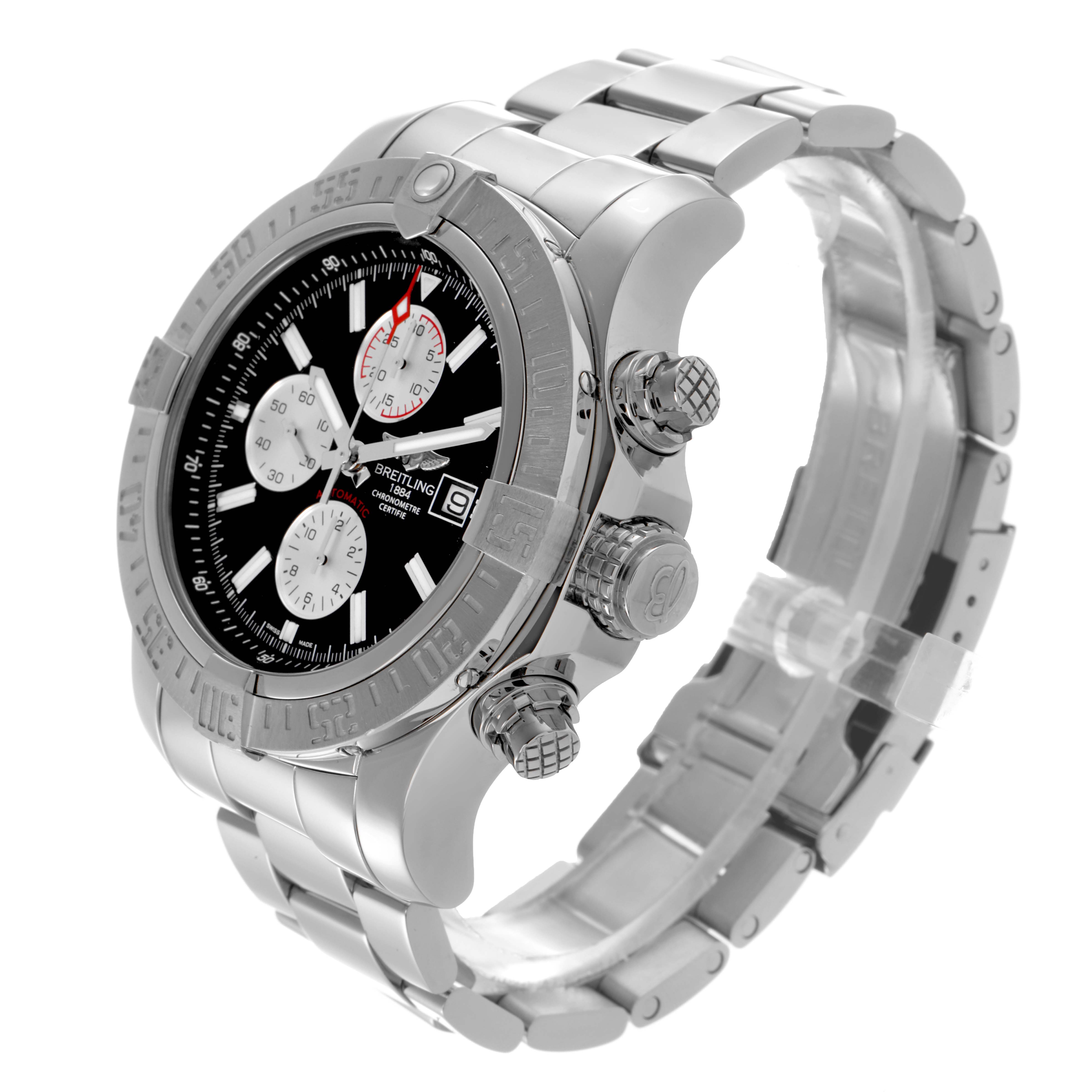 The Breitling Avenger A13371 Men's Stainless Steel Black Dial A13371 Men's Stainless Steel Black Dial watch is shown at an angle displaying its face, bezel, crown, chronograph pushers, and metal bracelet.