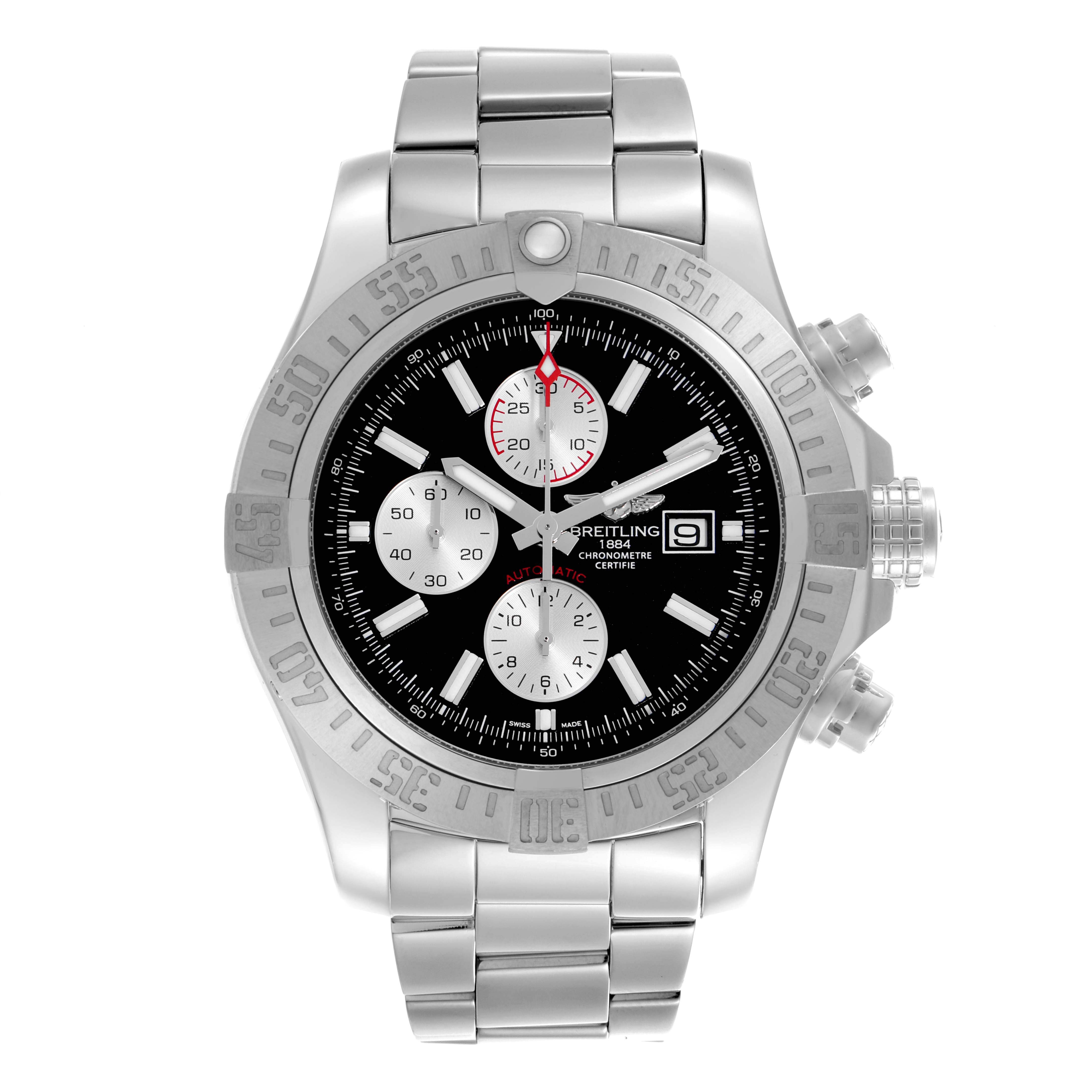 This image shows the Breitling Avenger A13371 Men's Stainless Steel Black Dial A13371 Men's Stainless Steel Black Dial watch from the front, highlighting its dial, bezel, and stainless steel bracelet.