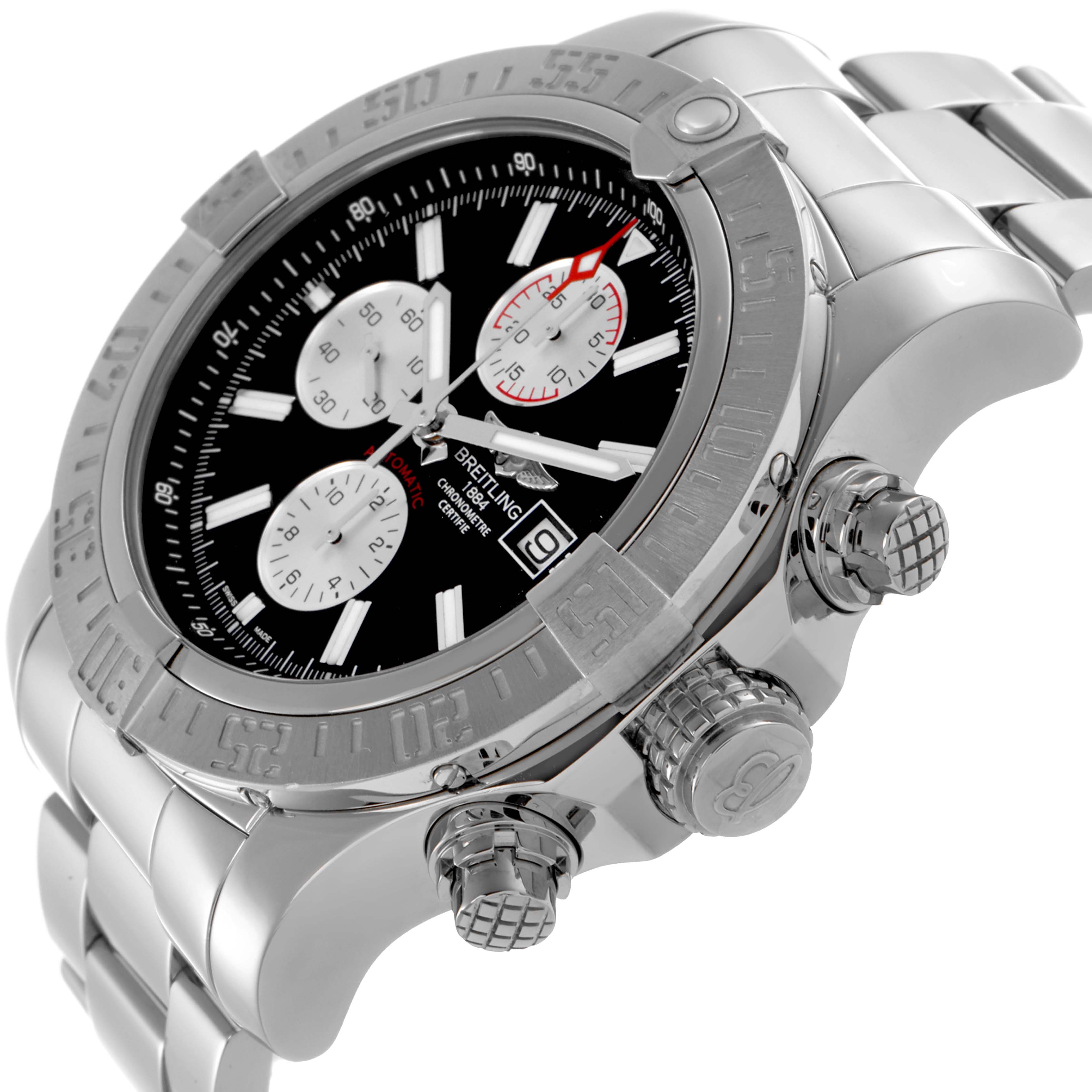 The image shows a Breitling Avenger A13371 Men's Stainless Steel Black Dial A13371 Men's Stainless Steel Black Dial watch at a tilted angle, highlighting its dial, crown, pushers, and stainless steel bracelet.