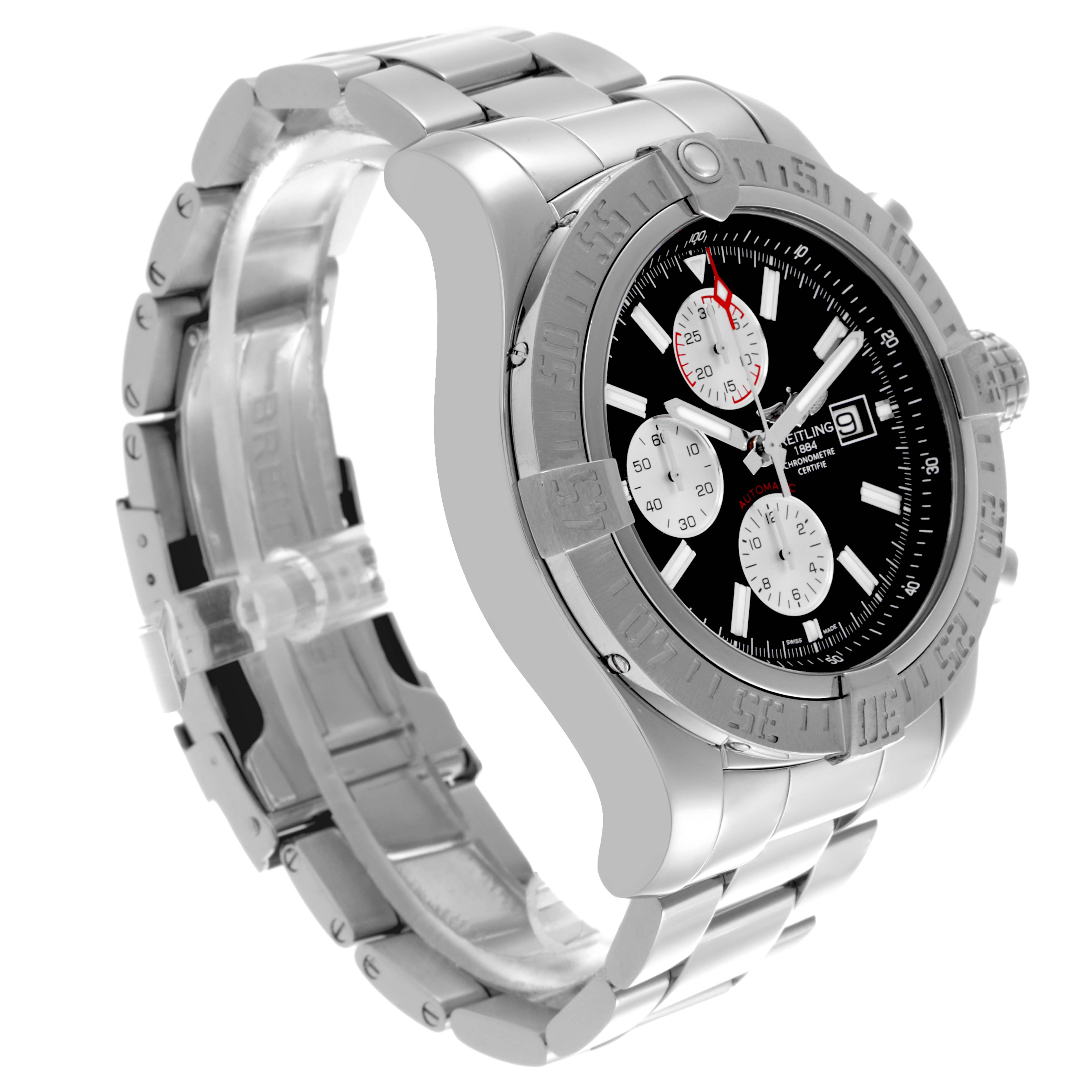 The Breitling Avenger A13371 Men's Stainless Steel Black Dial A13371 Men's Stainless Steel Black Dial watch is shown at a three-quarter angle, highlighting the bezel, dial, and stainless steel bracelet.