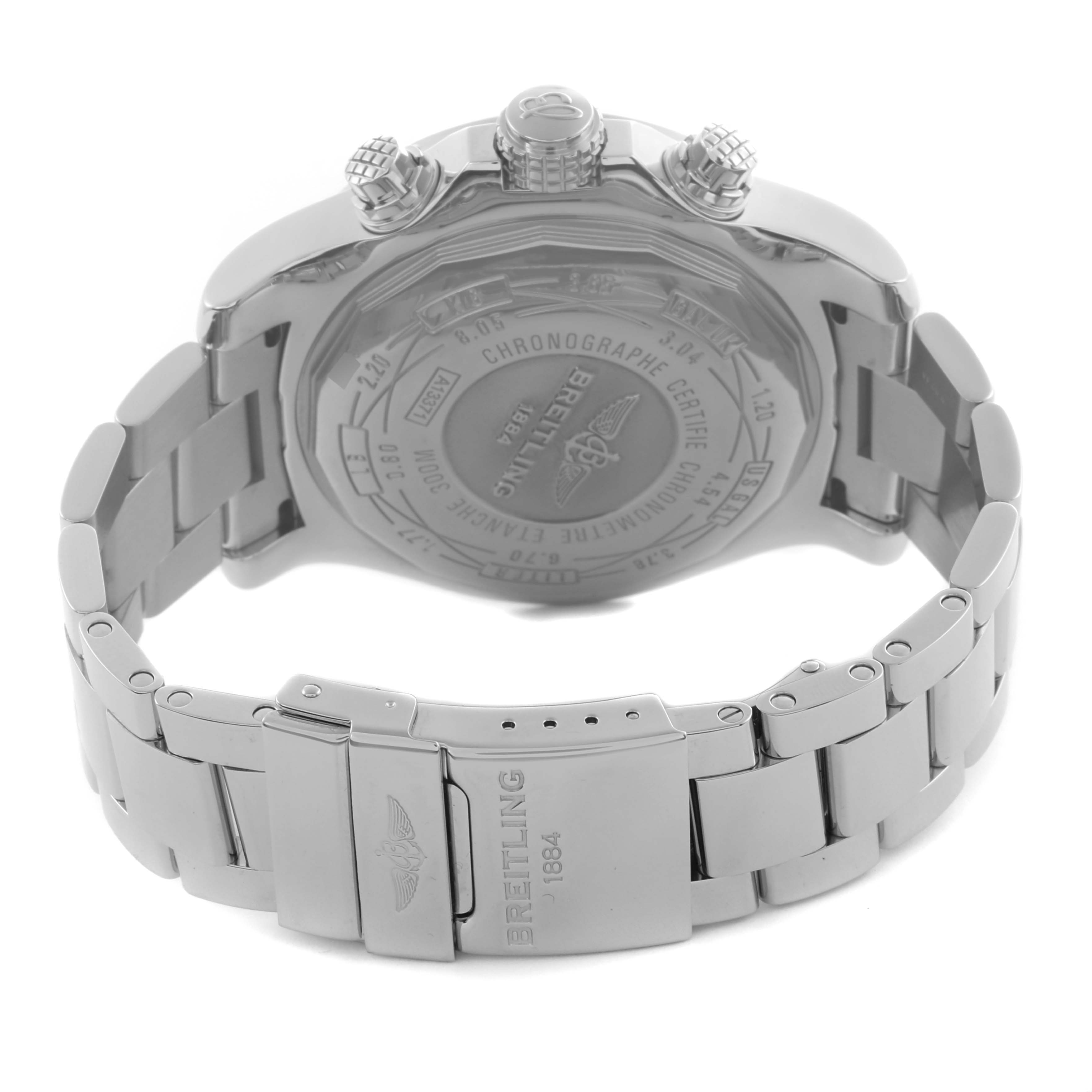 The image shows the back and side of a Breitling Avenger A13371 Men's Stainless Steel Black Dial A13371 Men's Stainless Steel Black Dial watch, highlighting the bracelet and deployment clasp.