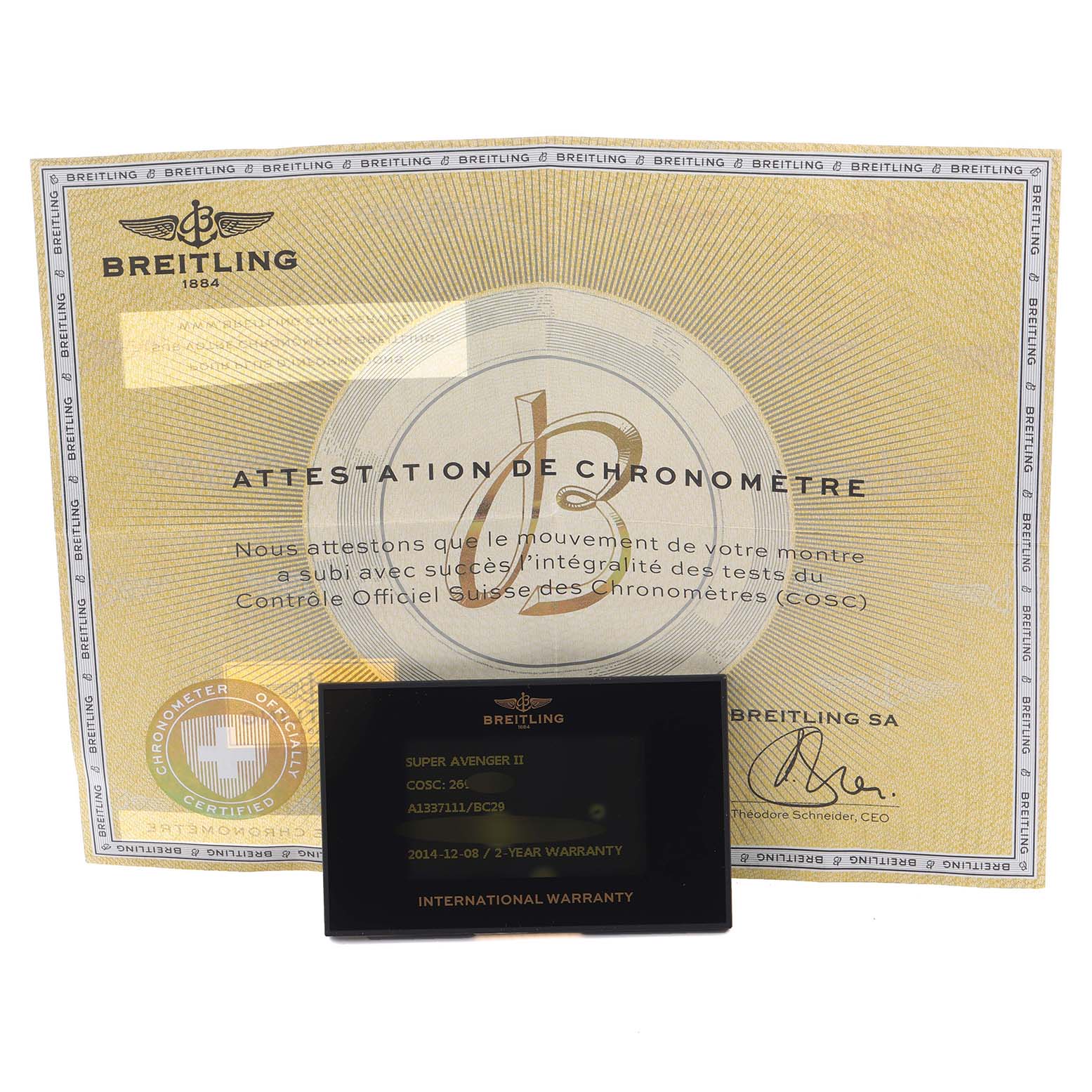 The image shows a Breitling Avenger A13371 Men's Stainless Steel Black Dial A13371 Men's Stainless Steel Black Dial model's certification document and warranty card, displayed from a frontal angle.