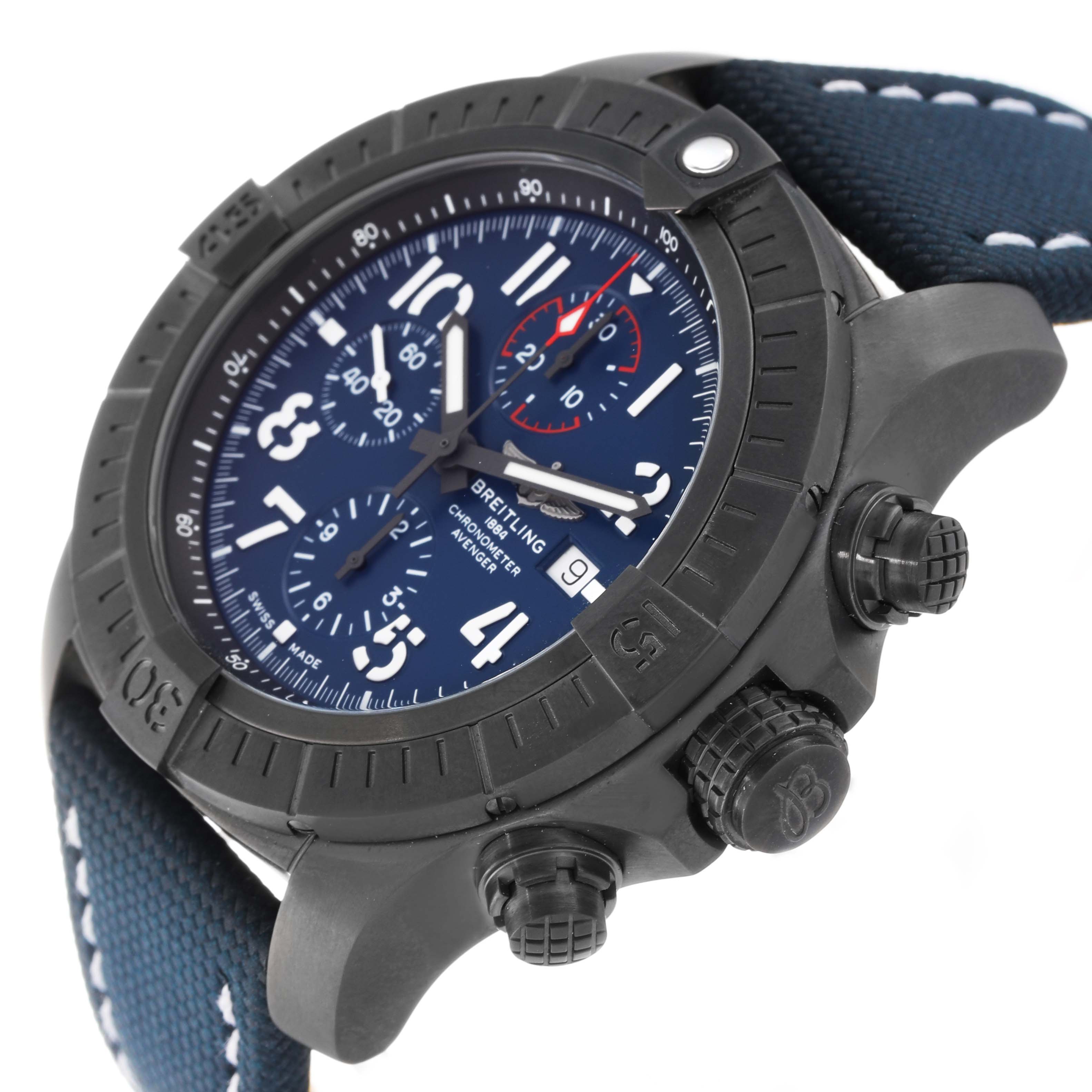 The image shows a Breitling Avenger V13375 Men's Titanium Blue Dial V13375 Men's Titanium Blue Dial watch at a slight angle, highlighting the face, bezel, chronograph dials, and side buttons.