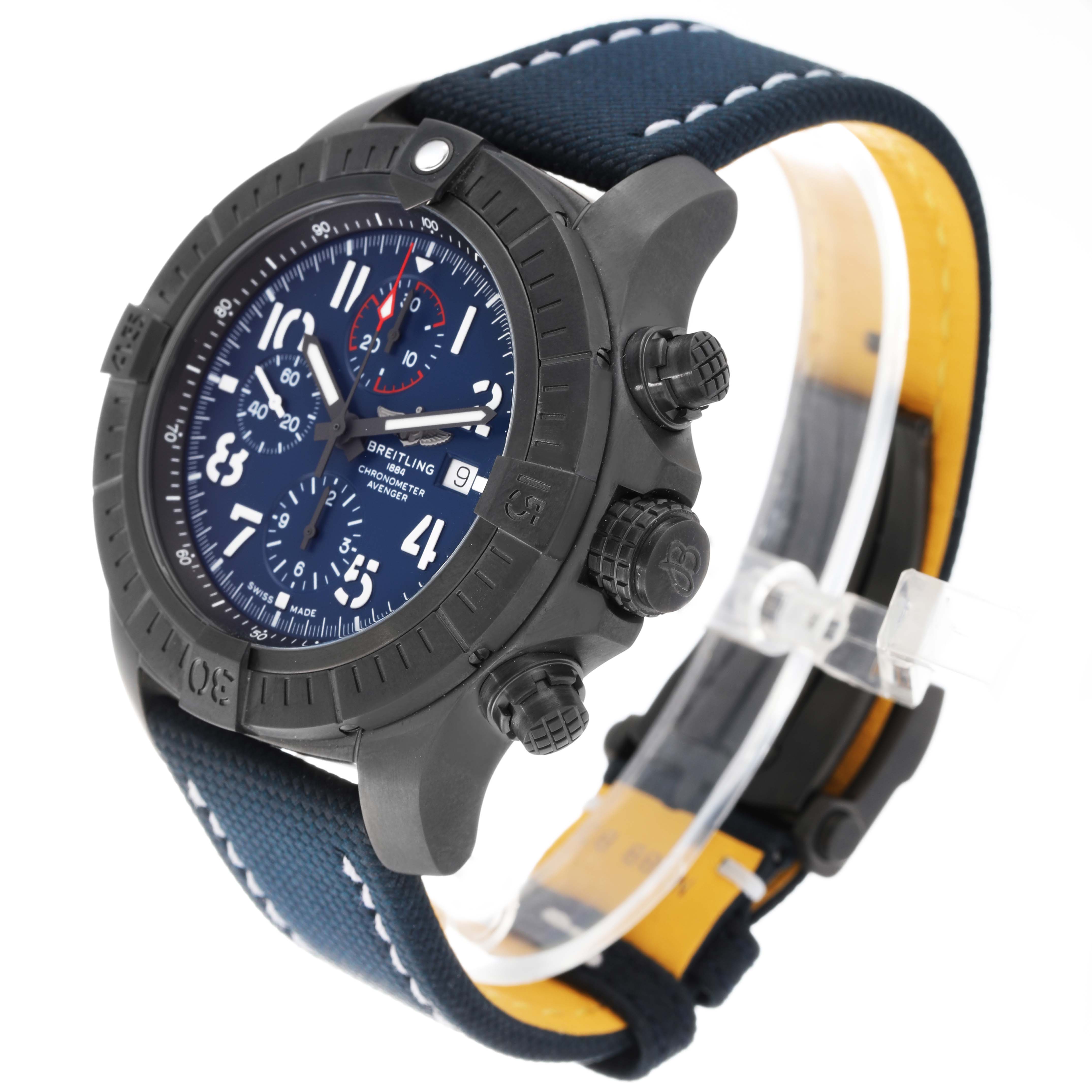 The image shows a Breitling Avenger V13375 Men's Titanium Blue Dial V13375 Men's Titanium Blue Dial watch at a three-quarter angle, displaying its face, bezel, crown, chronograph buttons, and strap.